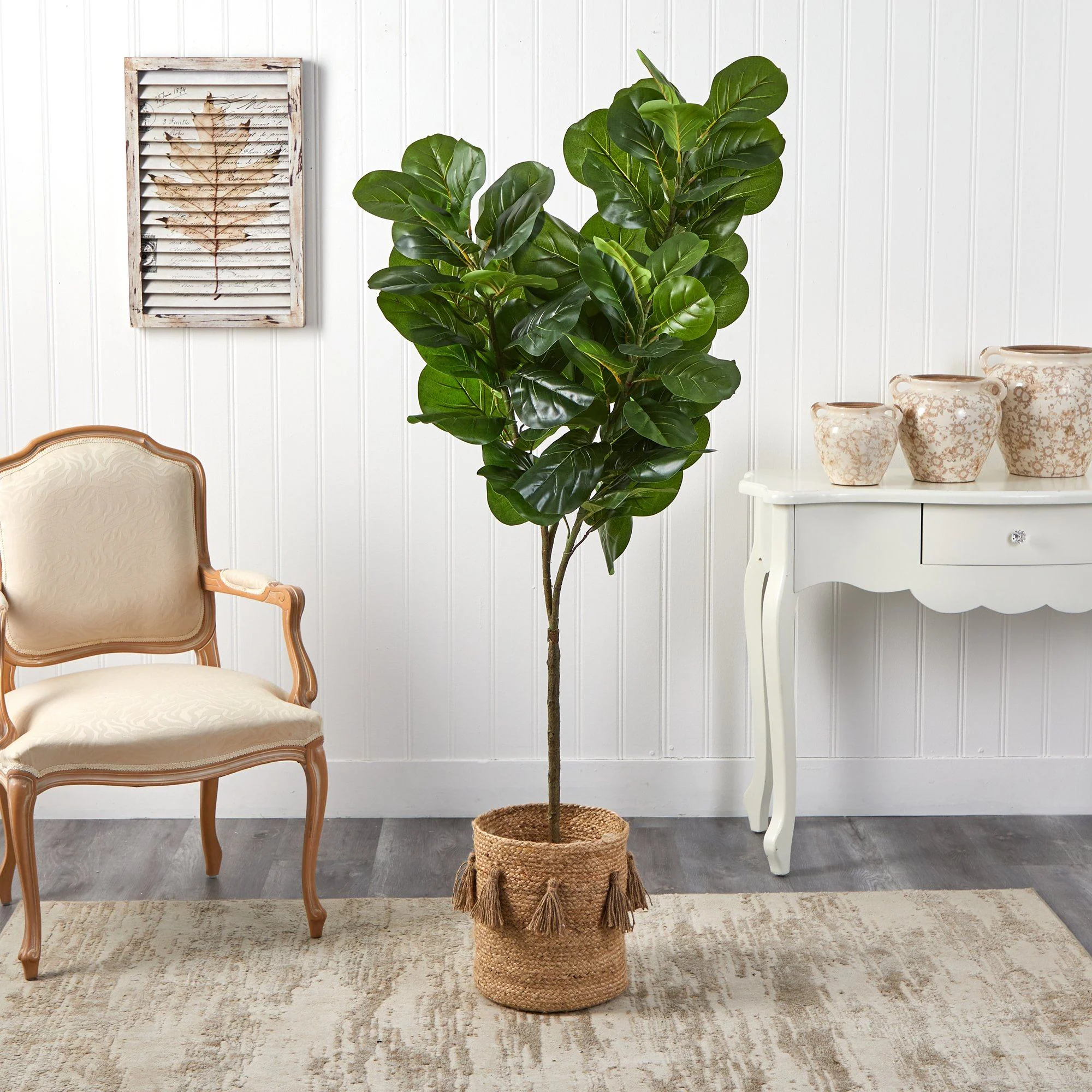 6’ Fiddle Leaf Fig Artificial Tree in Handmade Natural Jute Planter with Tassels - Image 3