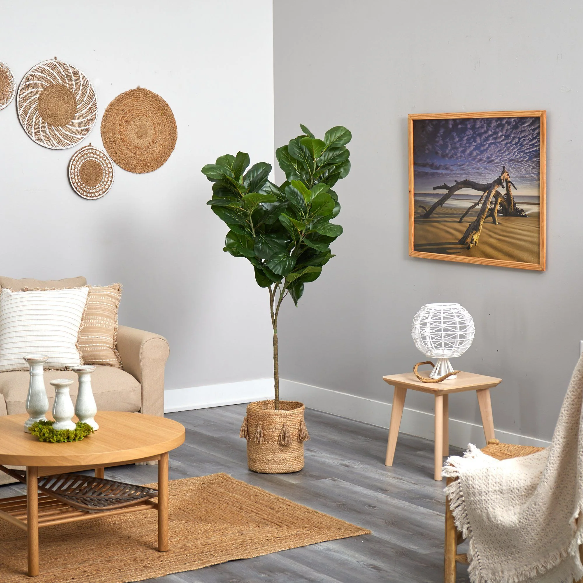 6’ Fiddle Leaf Fig Artificial Tree in Handmade Natural Jute Planter with Tassels - Image 4