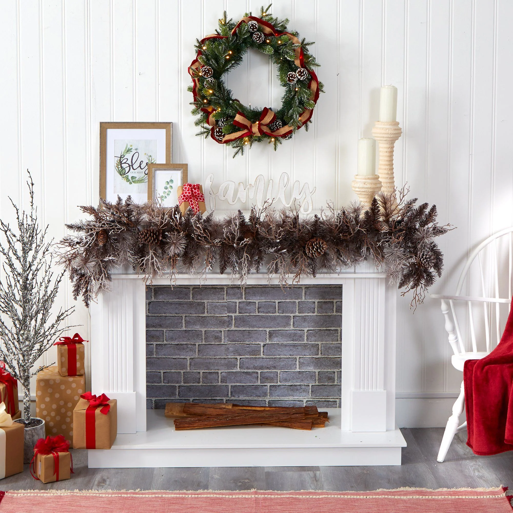 6' Flocked Artificial Christmas Garland with 50 White Warm LED Lights and Pine Cones - Image 4