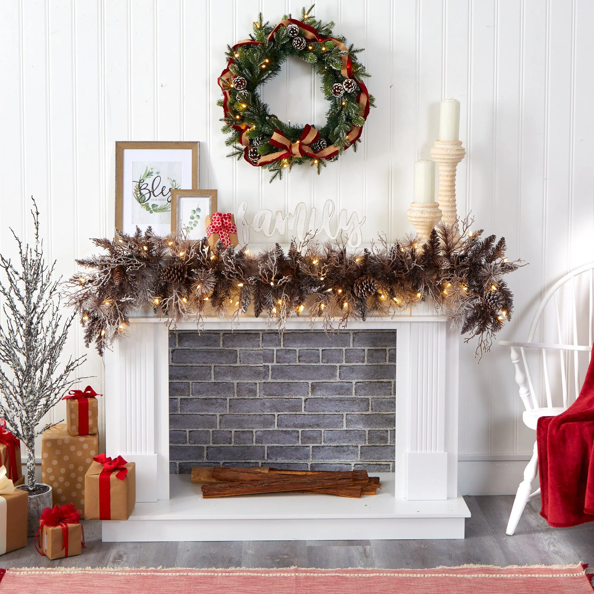 6' Flocked Artificial Christmas Garland with 50 White Warm LED Lights and Pine Cones - Image 5