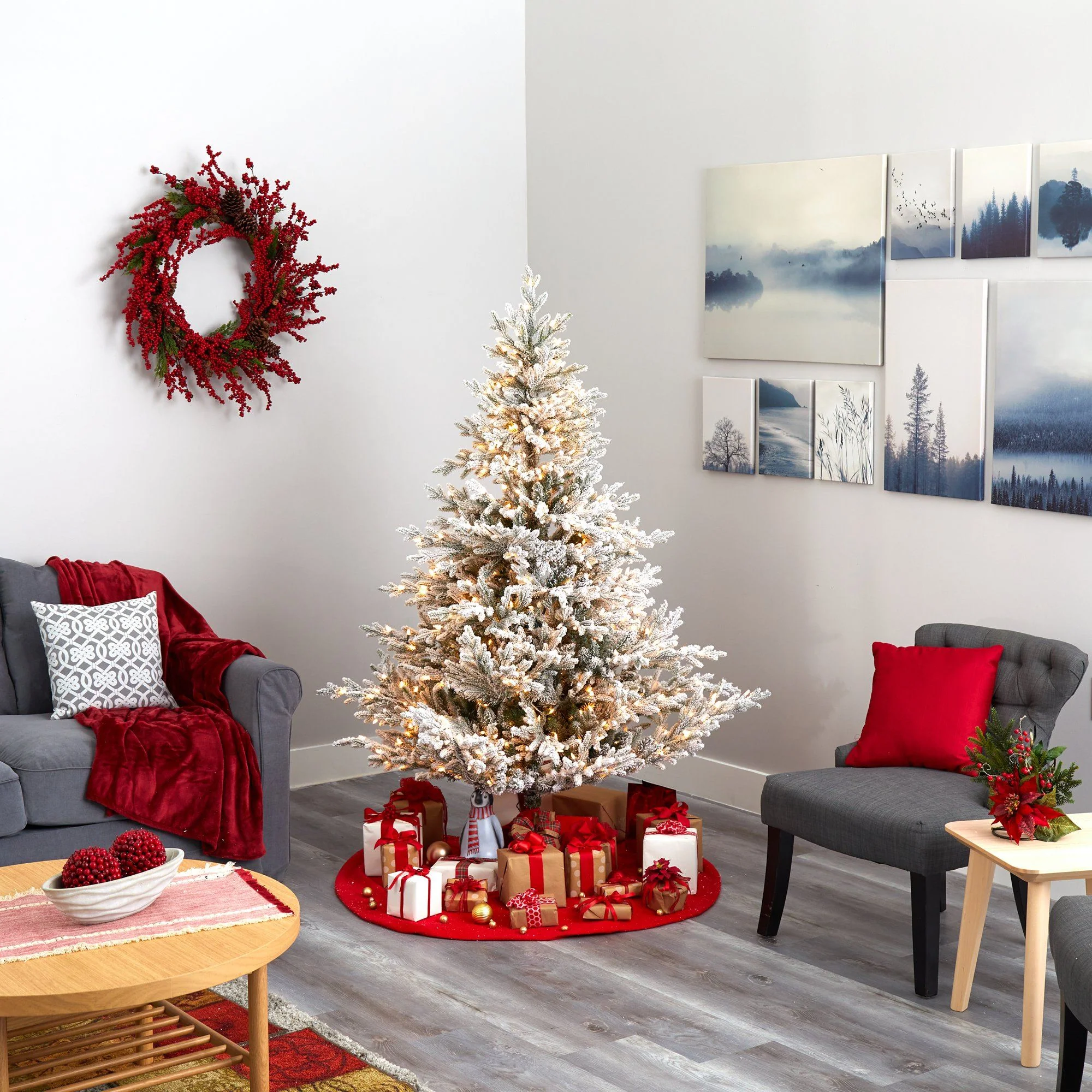 6’ Flocked Fraser Fir Artificial Christmas Tree with 500 Warm White Lights and 236 Bendable Branches - Image 6