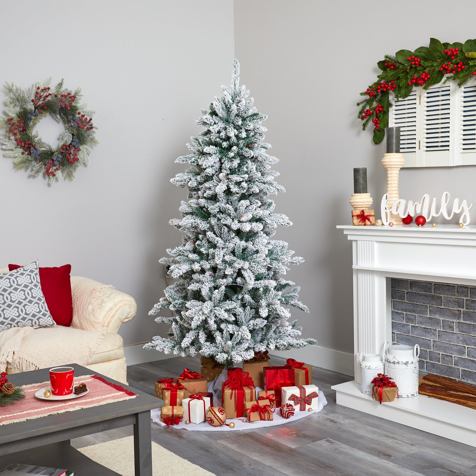 6’ Flocked Livingston Fir Artificial Christmas Tree with Pine Cones and 300 Clear Warm LED Lights - Image 5