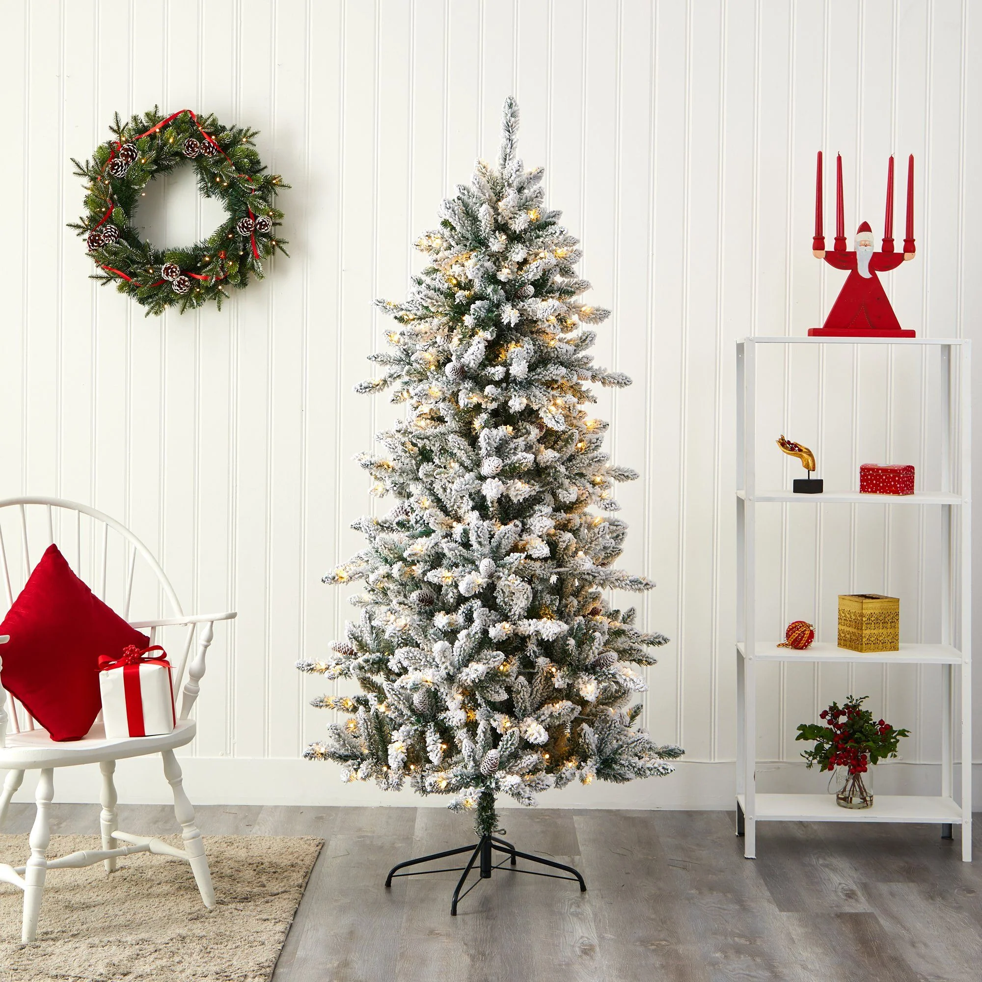 6’ Flocked Livingston Fir Artificial Christmas Tree with Pine Cones and 300 Clear Warm LED Lights - Image 6