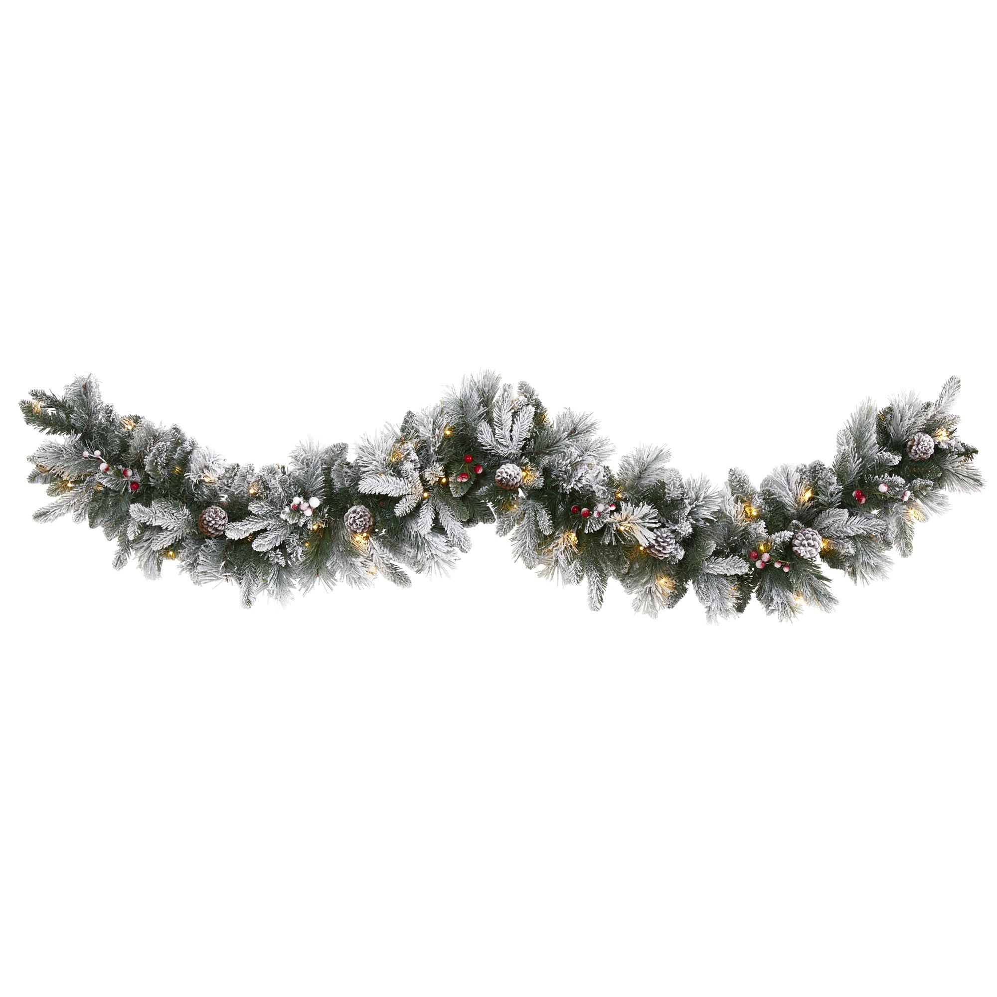 6’ Flocked Mixed Pine Artificial Christmas Garland with 50 LED Lights, Pine Cones and Berries - Image 6