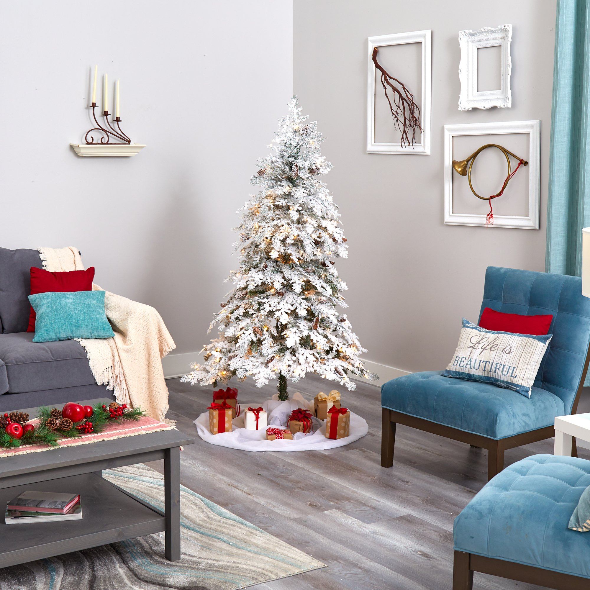 6' Flocked Montana Down Swept Spruce Artificial Christmas Tree with 250 Clear LED Lights - Image 6