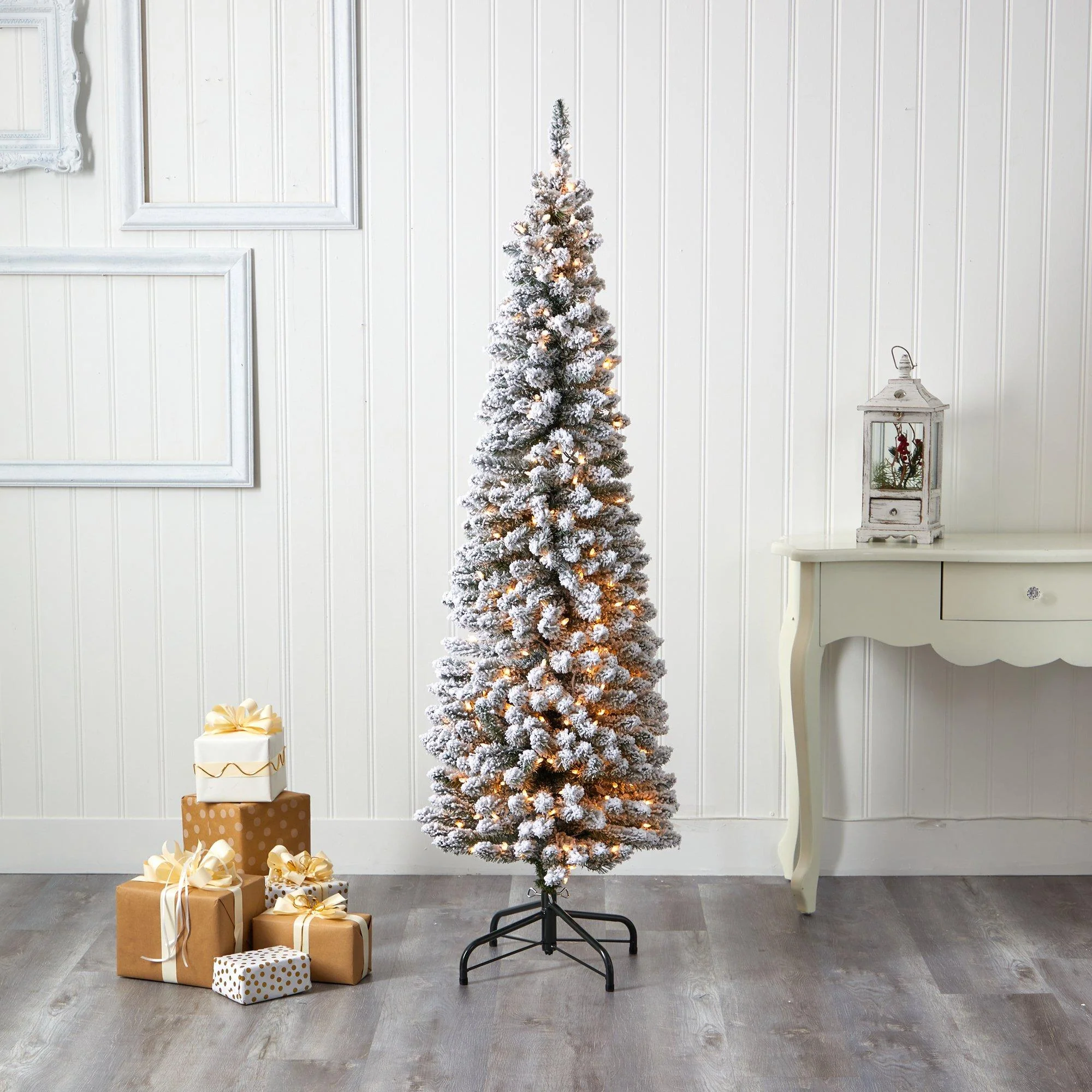 6’ Flocked Pencil Artificial Christmas Tree with 300 Clear Lights and 438 Bendable Branches - Image 5