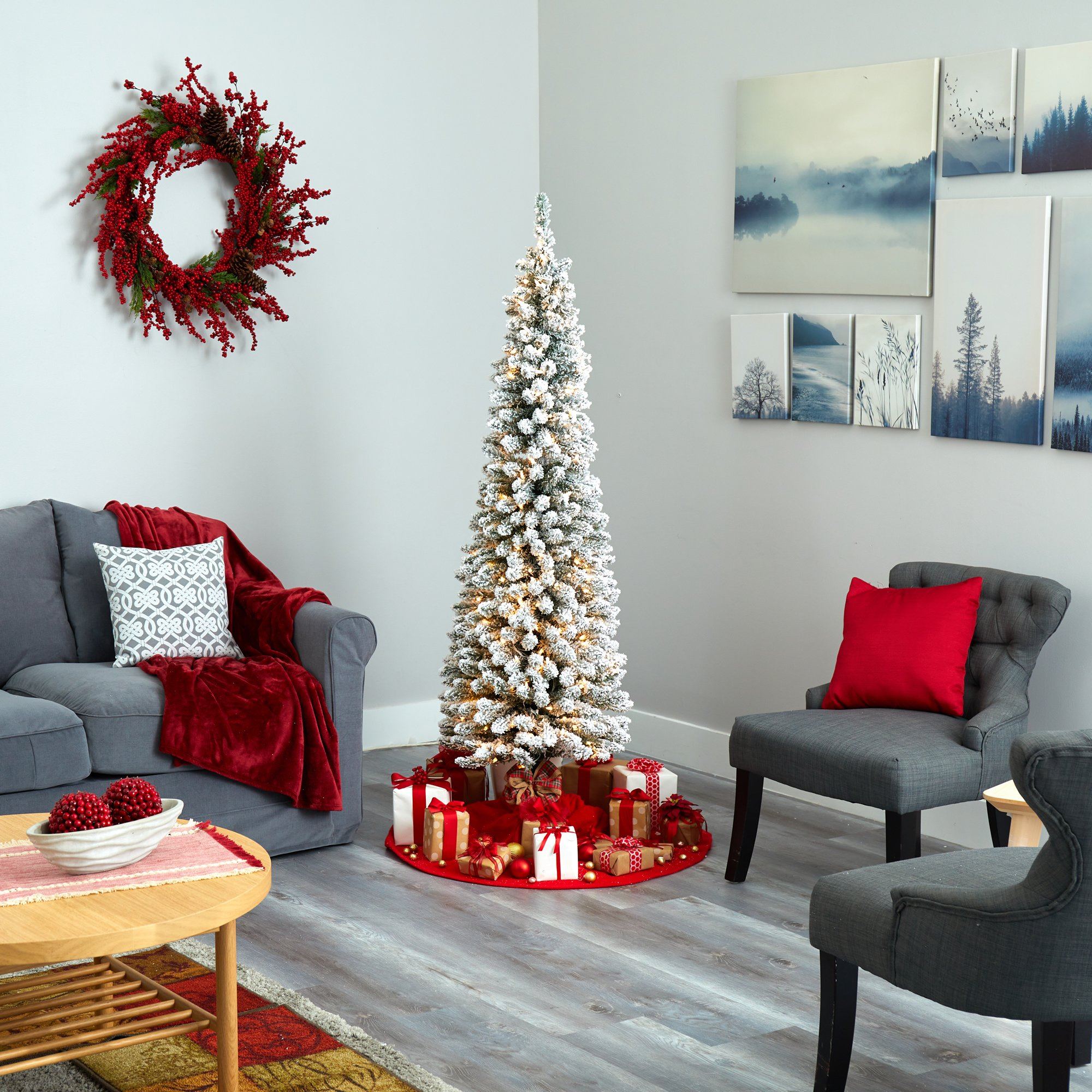 6’ Flocked Pencil Artificial Christmas Tree with 300 Clear Lights and 438 Bendable Branches - Image 6