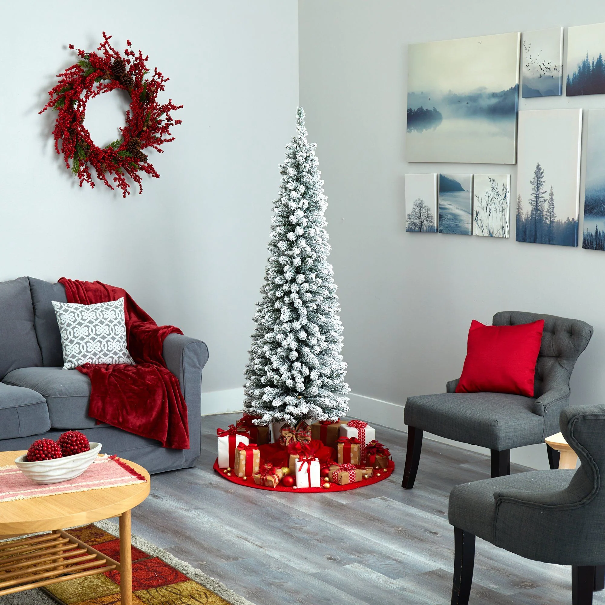 6’ Flocked Pencil Artificial Christmas Tree with 300 Clear Lights and 438 Bendable Branches - Image 7