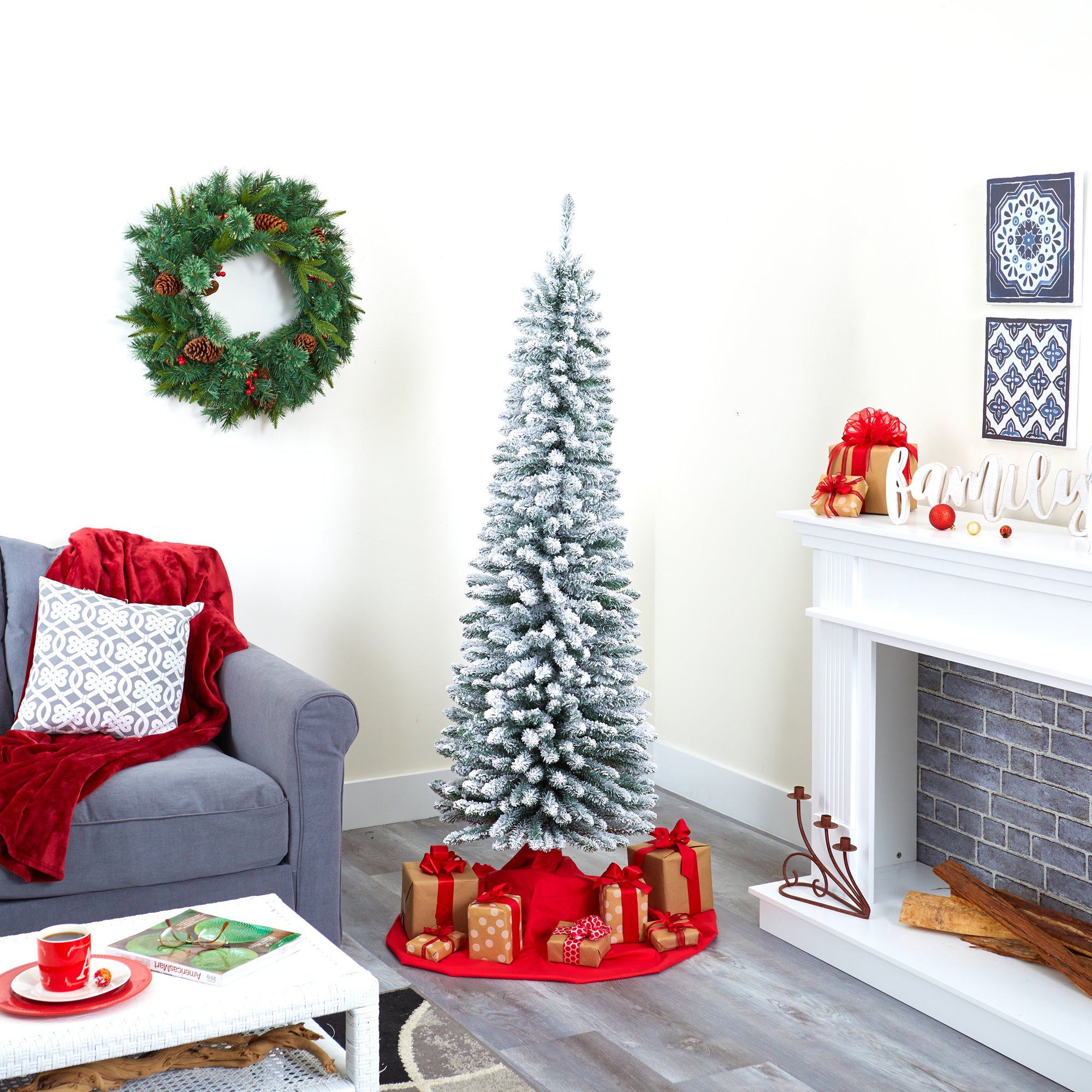 6’ Flocked Pencil Artificial Christmas Tree with 438 Bendable Branches - Image 5