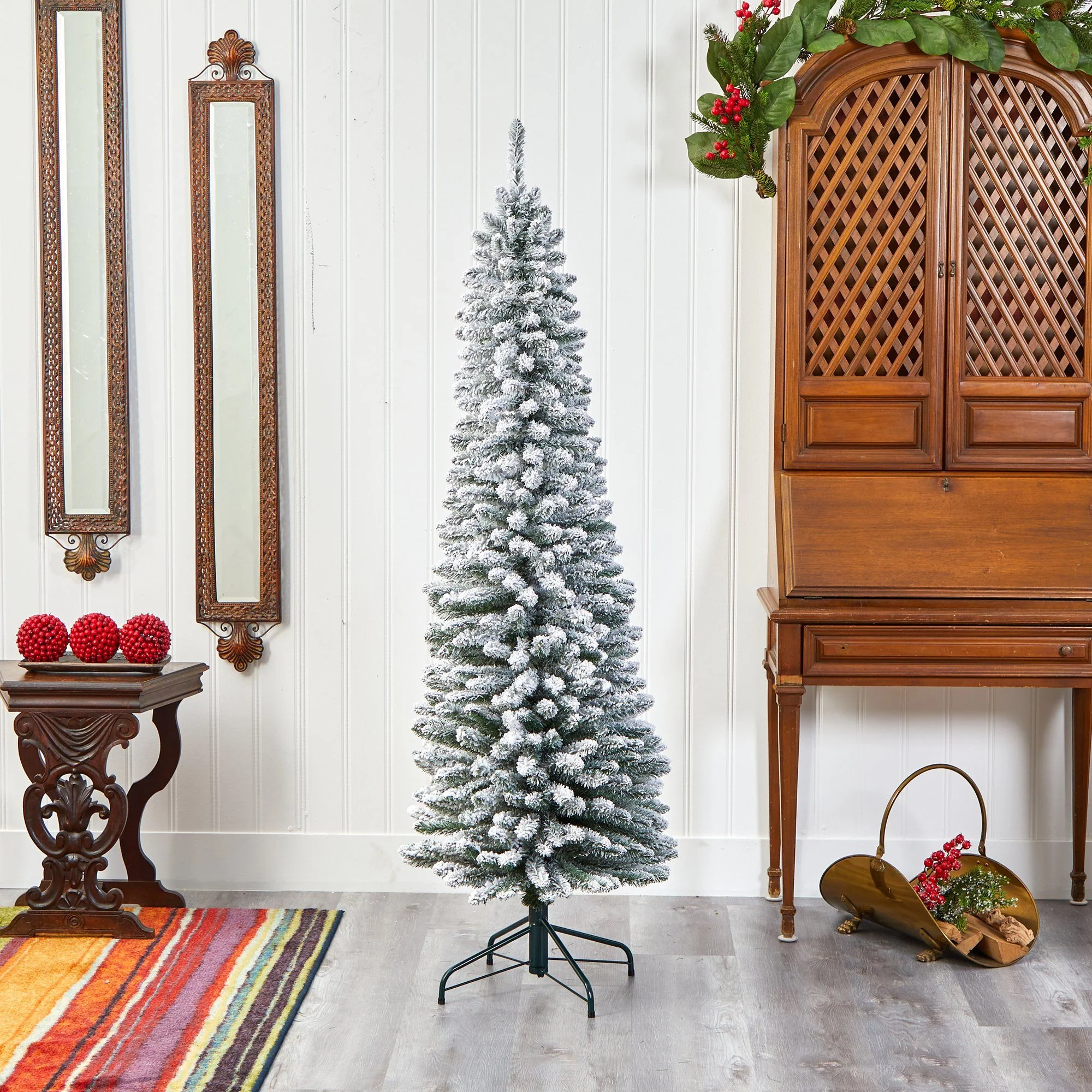 6’ Flocked Pencil Artificial Christmas Tree with 438 Bendable Branches - Image 6