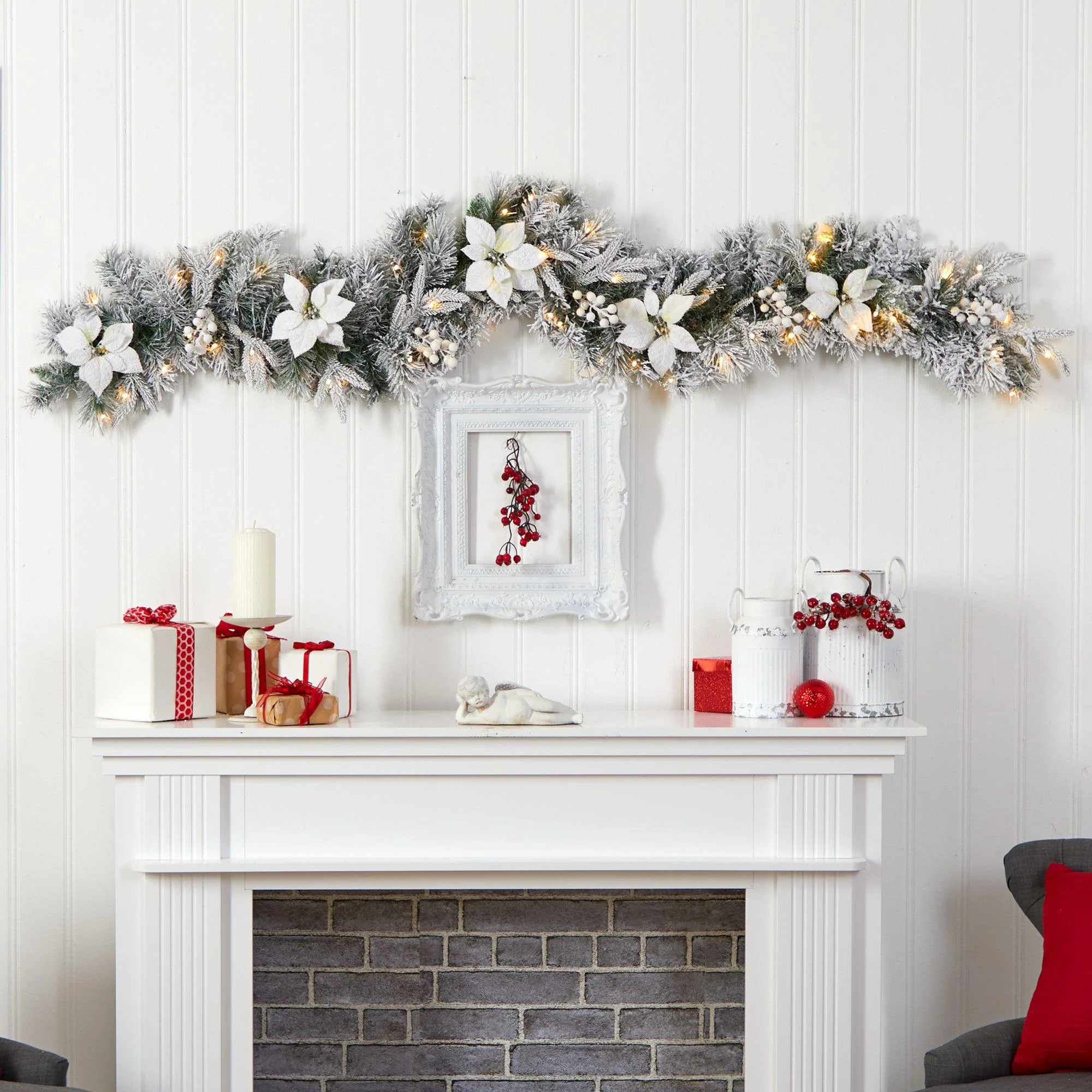 6’ Flocked Poinsettia and Berry Artificial Christmas Garland with 50 Warm White LED Lights - Image 4