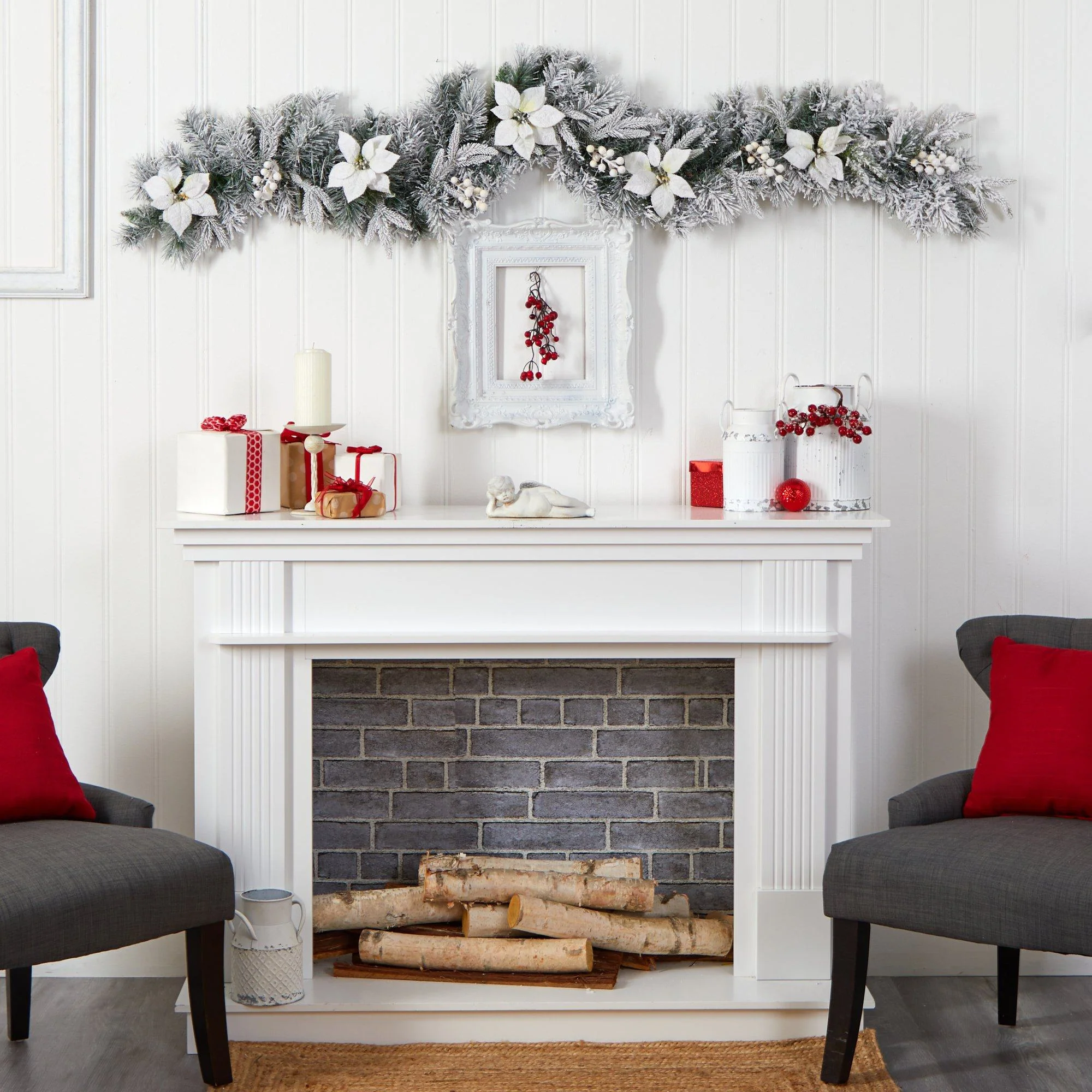 6’ Flocked Poinsettia and Berry Artificial Christmas Garland with 50 Warm White LED Lights - Image 7