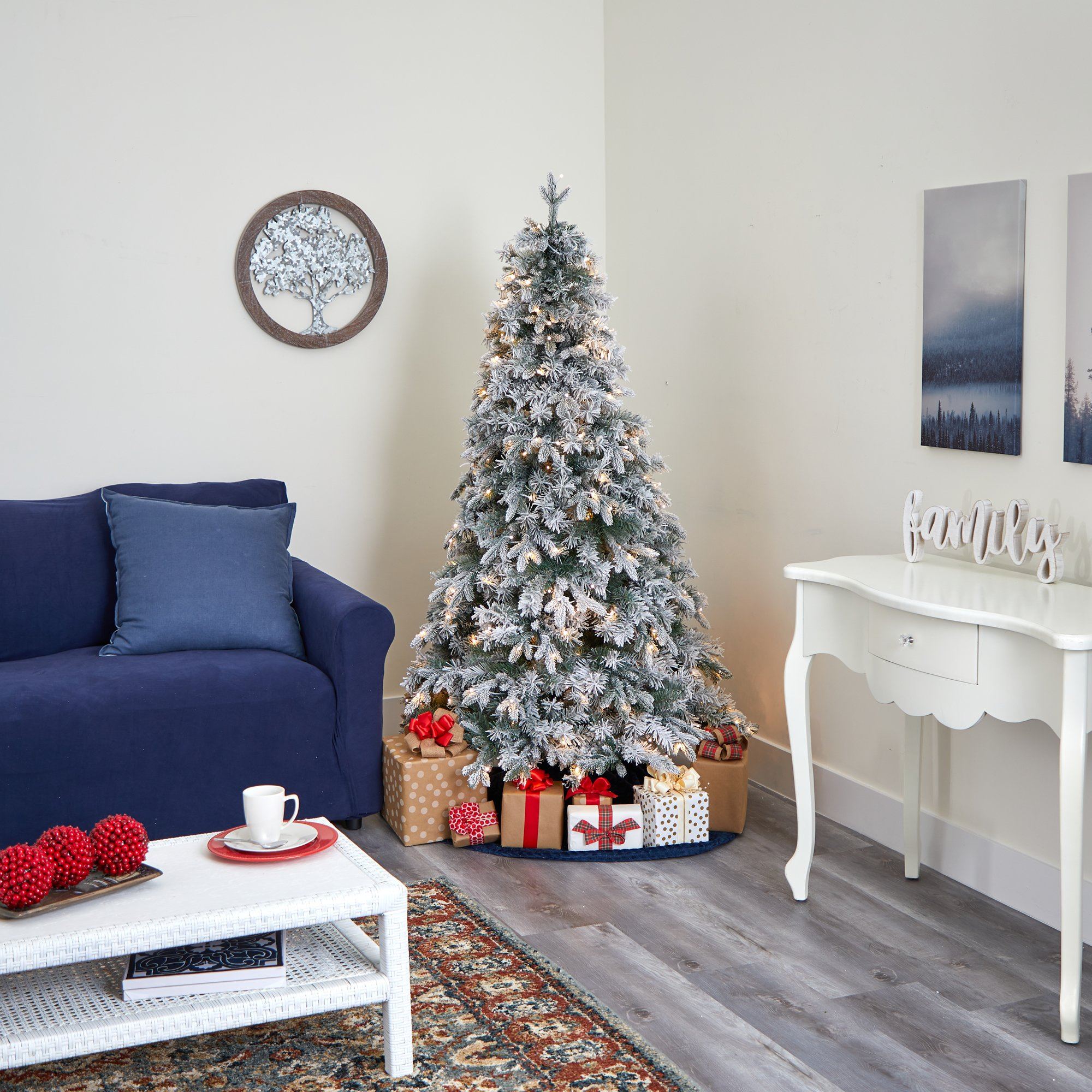 6' Flocked Vermont Mixed Pine Artificial Christmas Tree with 300 Clear LEDs Lights - Image 8