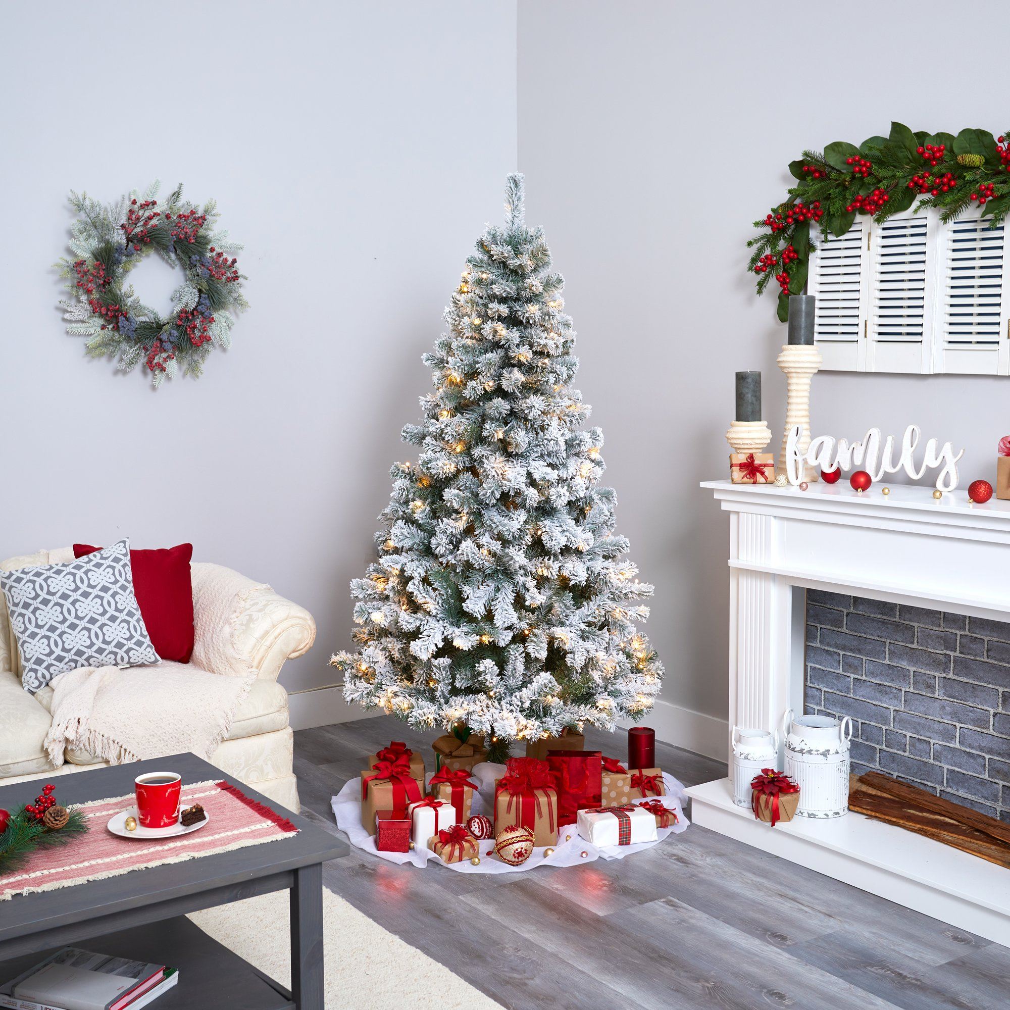 6' Flocked West Virginia Fir Artificial Christmas Tree with 250 Clear LED Lights - Image 6