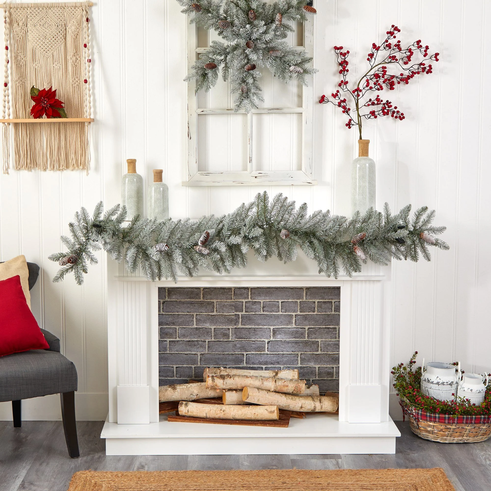 6' Frosted Artificial Christmas Garland with Pinecones and 50 Warm White LED Lights - Image 7
