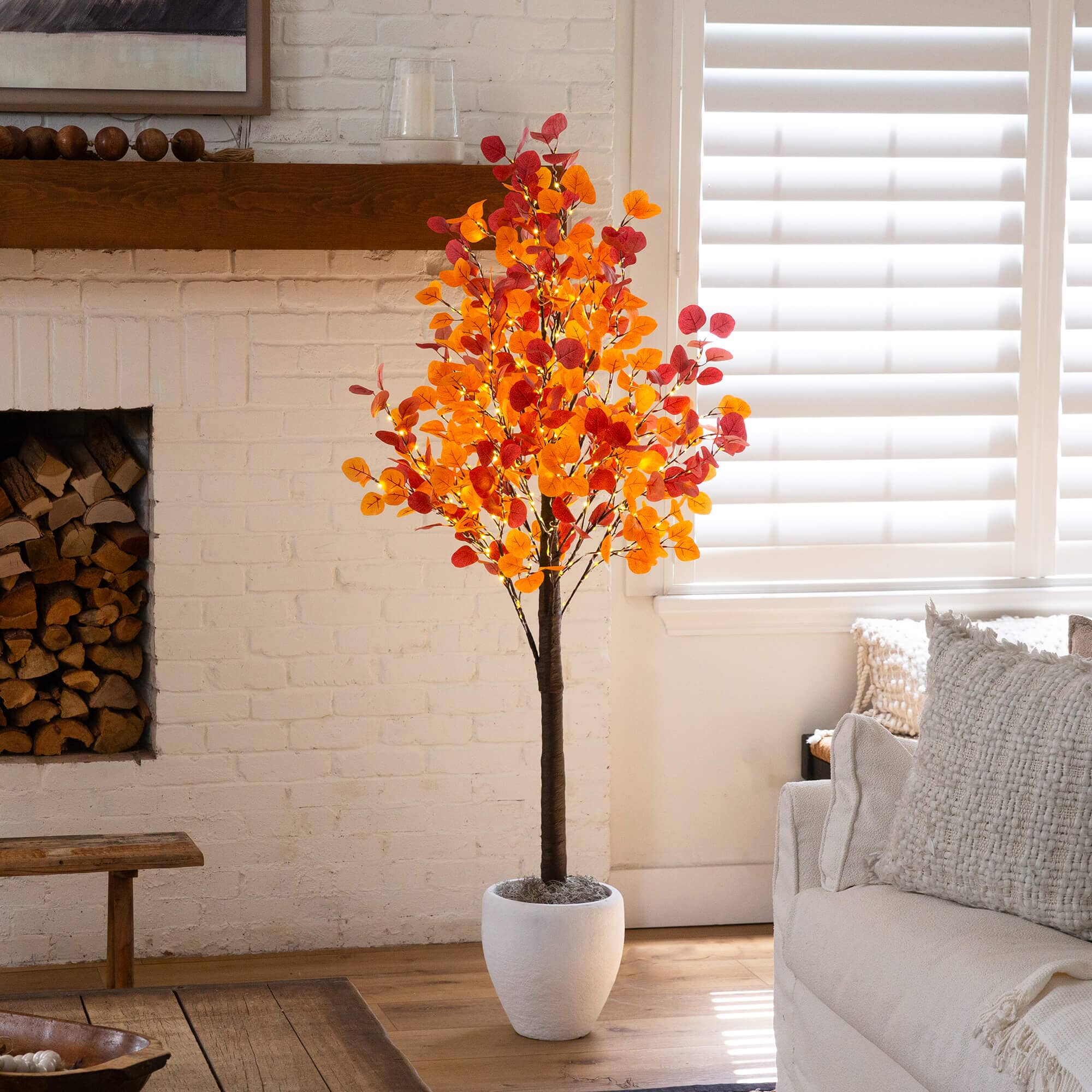 6' Pre-Lit Bright Autumn Eucalyptus Artificial Fall Tree with 420 Warm White LED Lights - Image 3