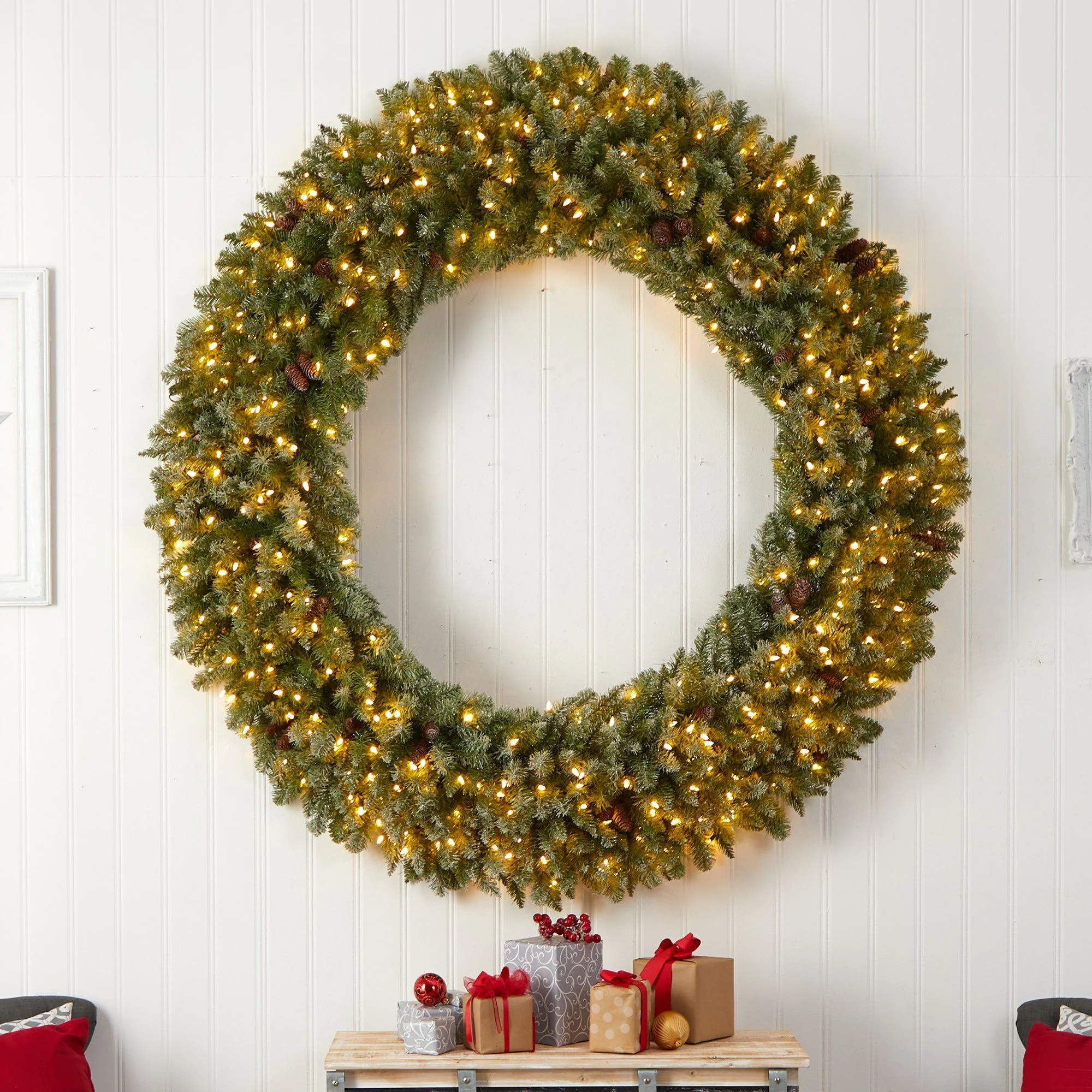 6’ Giant Flocked Christmas Wreath with Pinecones, 400 Clear LED Lights and 920 Bendable Branches - Image 4