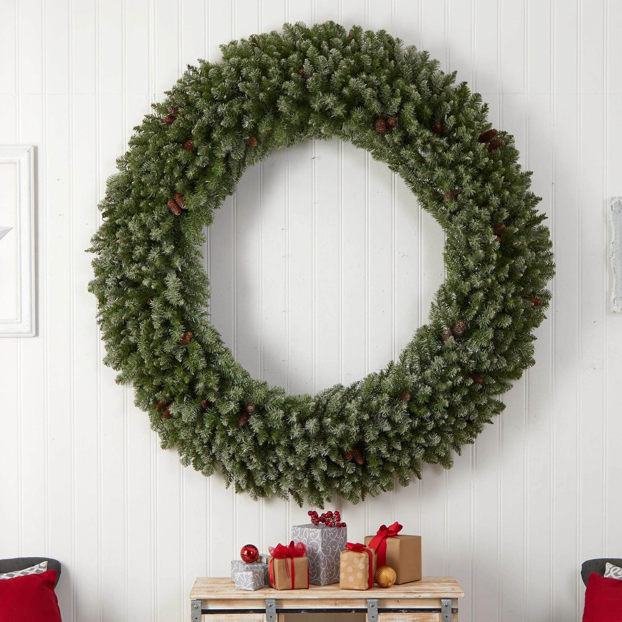 6’ Giant Flocked Christmas Wreath with Pinecones, 400 Clear LED Lights and 920 Bendable Branches - Image 5