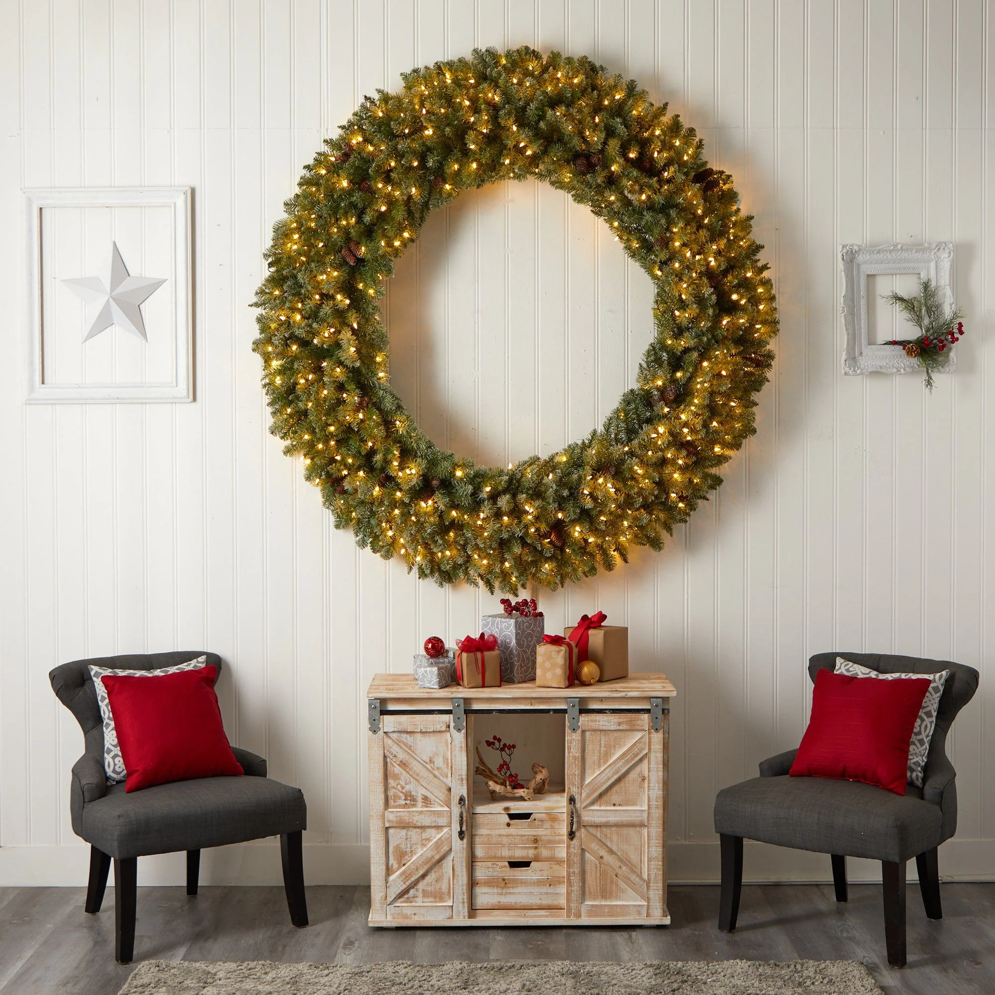 6’ Giant Flocked Christmas Wreath with Pinecones, 400 Clear LED Lights and 920 Bendable Branches - Image 6