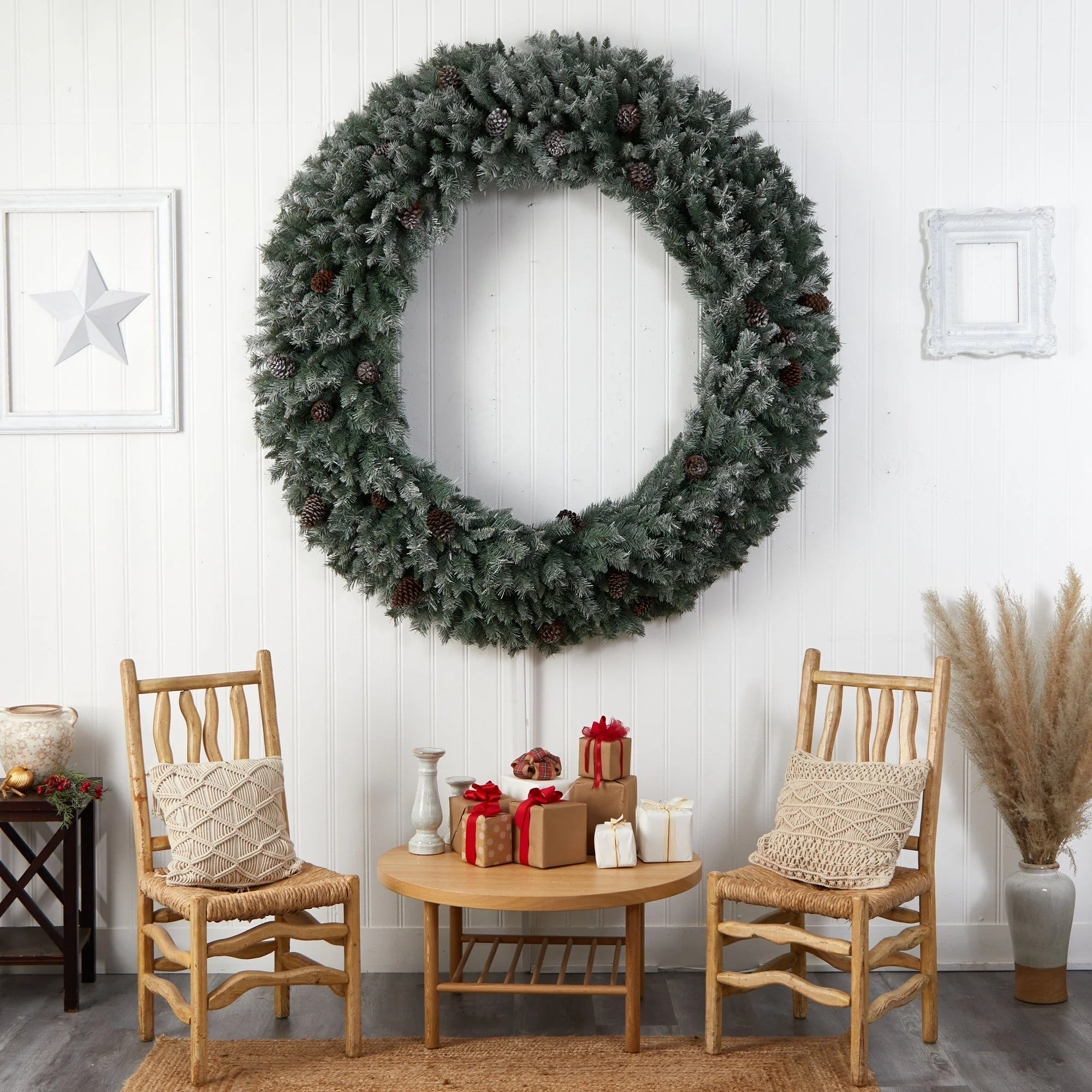 6’ Giant Flocked Christmas Wreath with Pinecones, 600 Clear LED Lights and 1000 Bendable Branches - Image 7