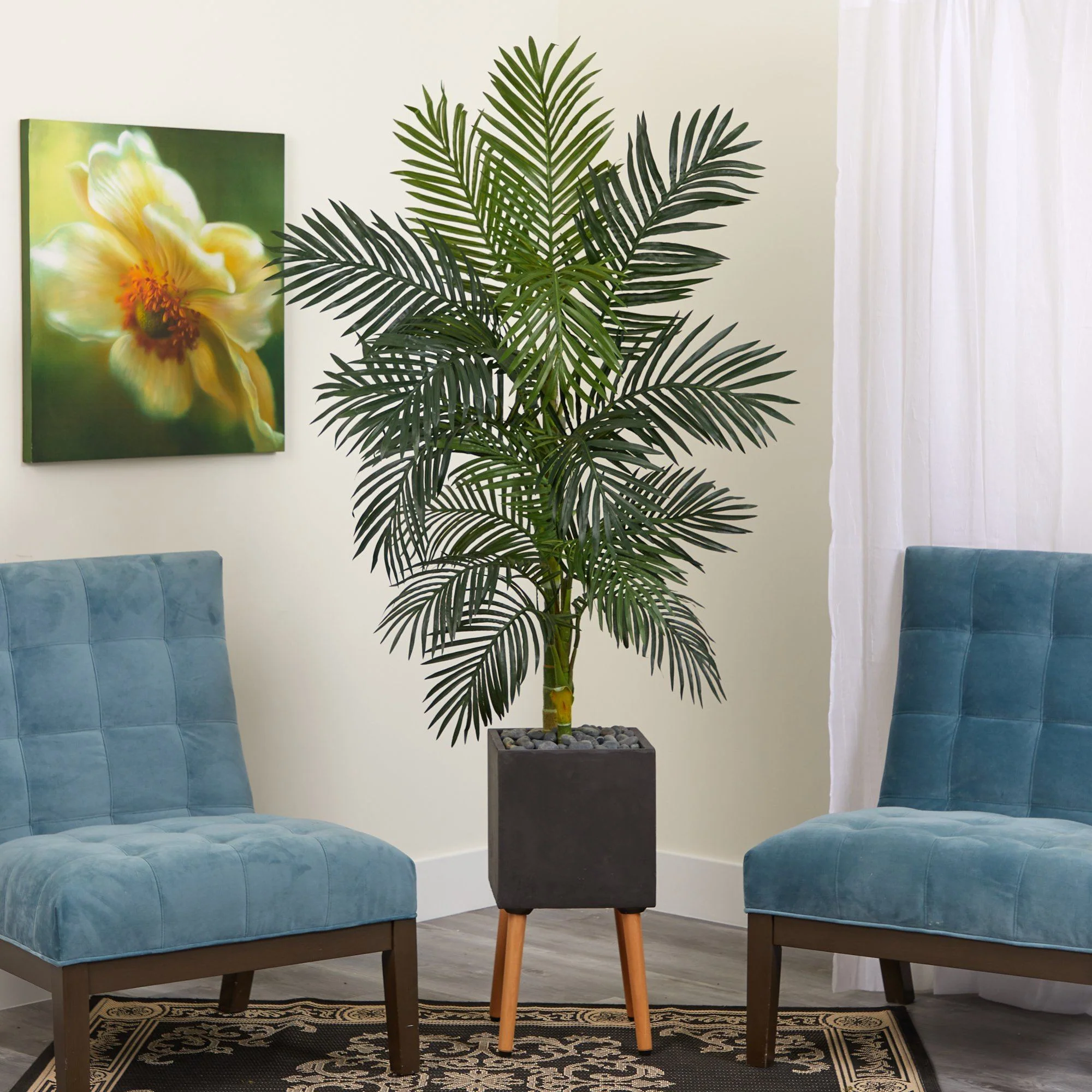6’ Golden Cane Artificial Palm Tree in Black Modern Planter with Stand - Image 3