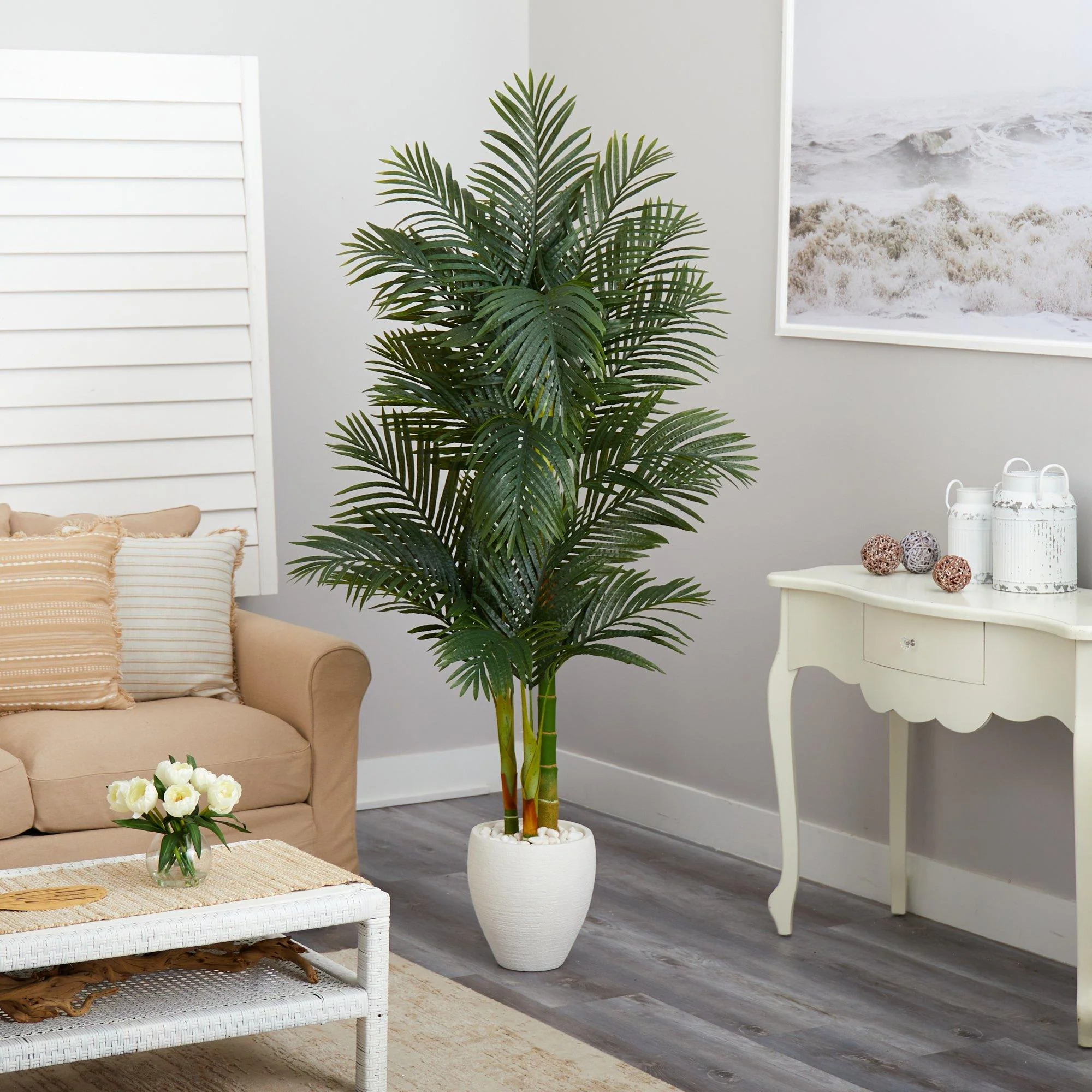 6’ Golden Cane Artificial Palm Tree in White Planter - Image 4