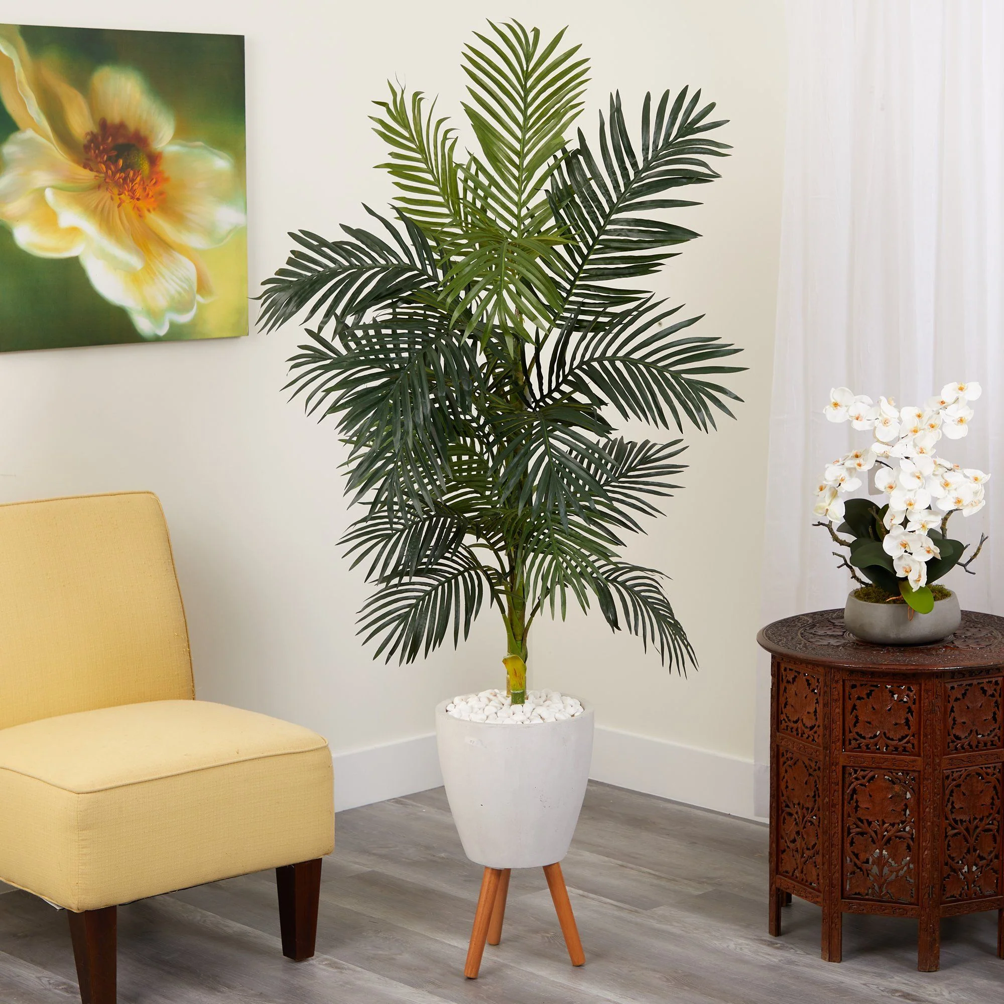 6’ Golden Cane Artificial Palm Tree in White Planter with Stand - Image 3