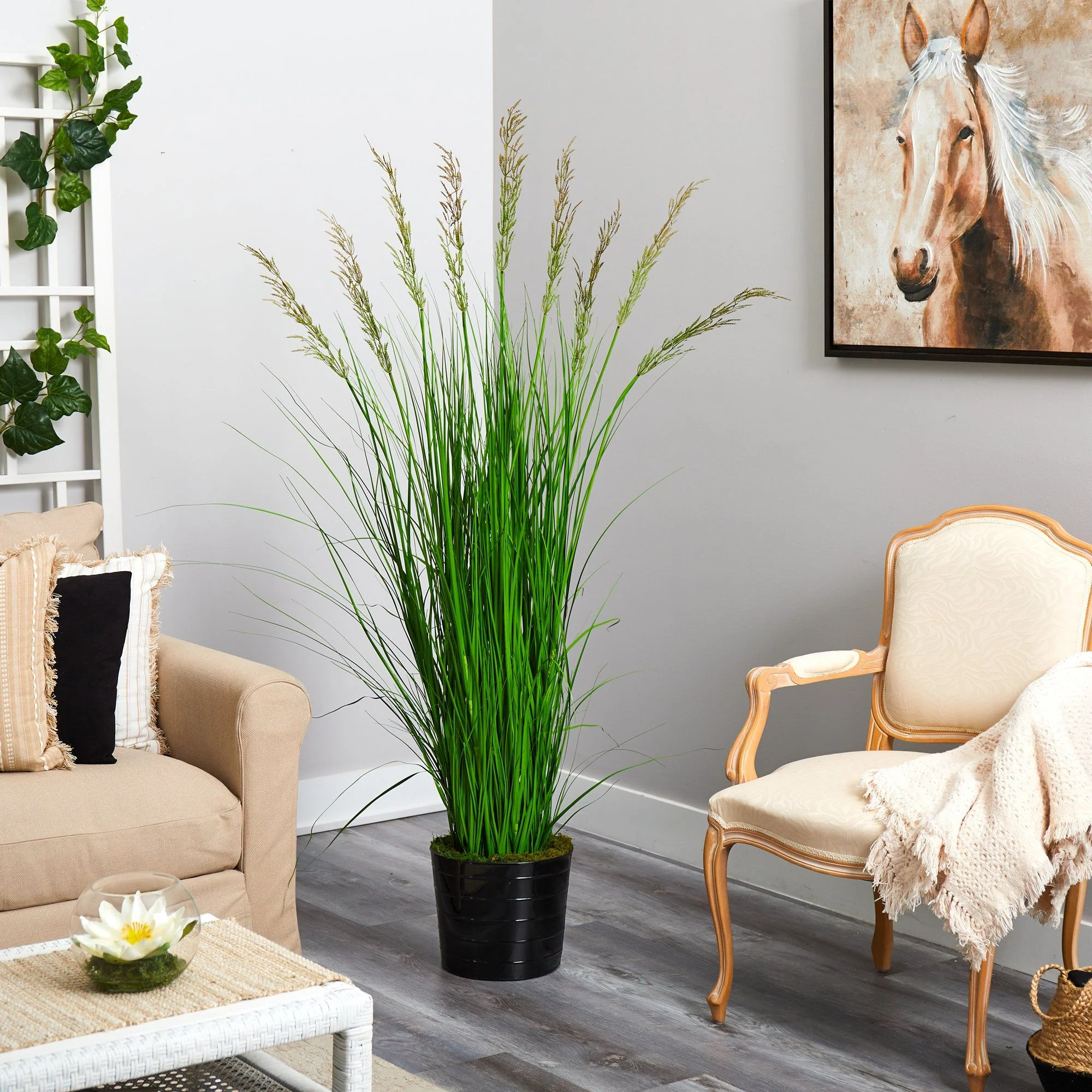 6’ Grass Artificial Plant in Black Tin Planter with Faux Moss - Image 4