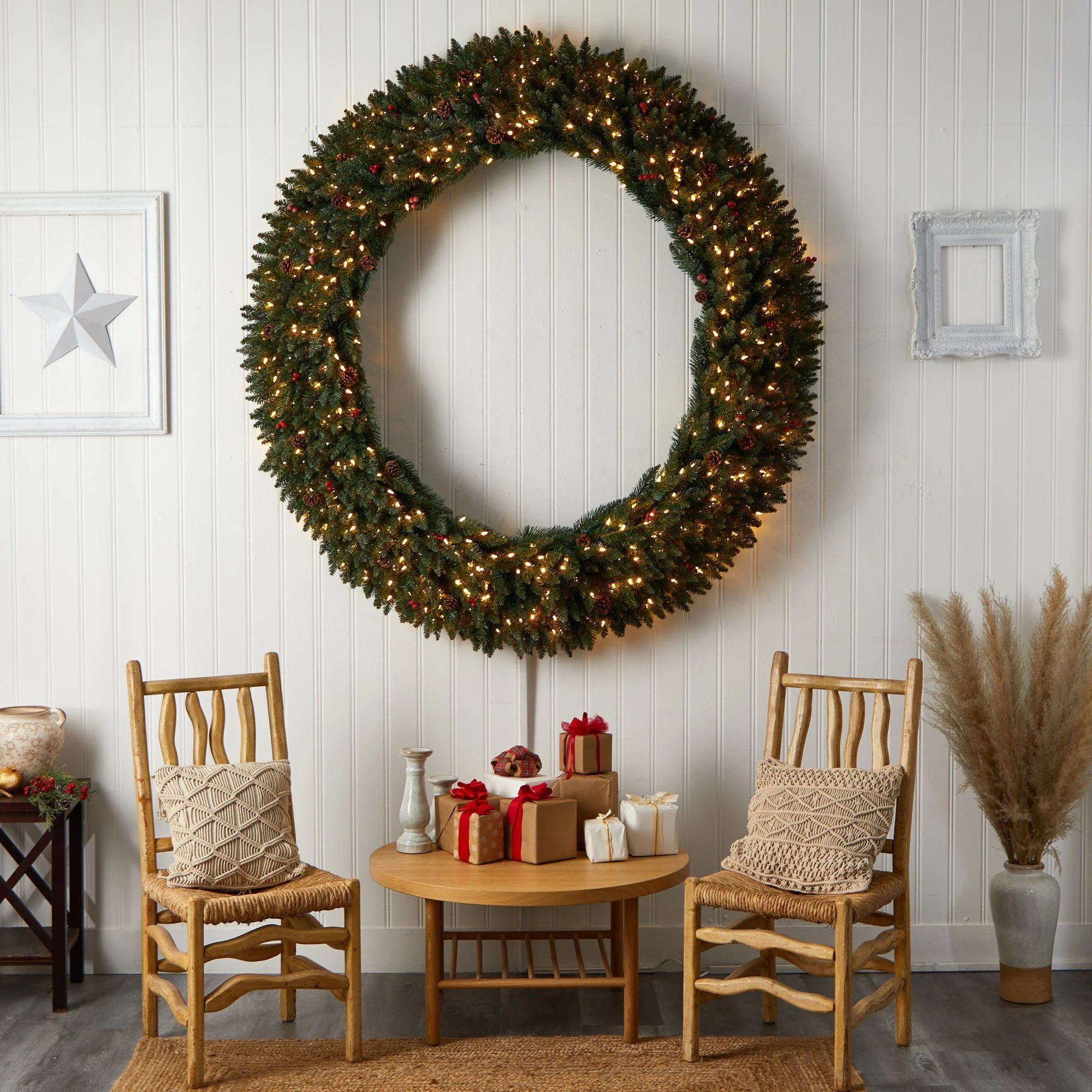 6’ Large Flocked Wreath with Pinecones, Berries, 600 Clear LED Lights and 1080 Bendable Branches - Image 6