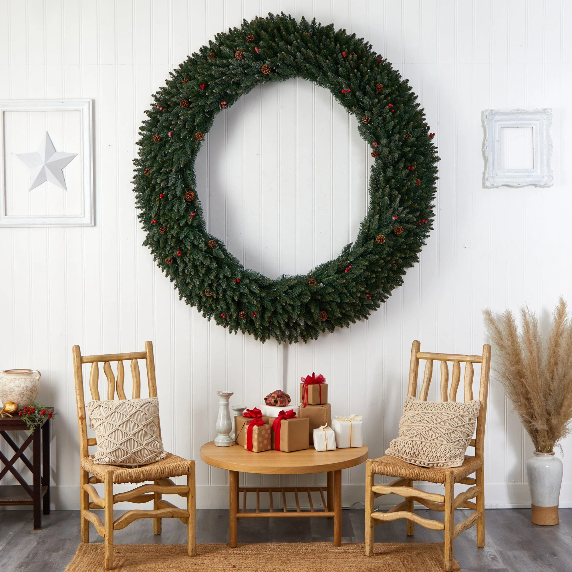 6’ Large Flocked Wreath with Pinecones, Berries, 600 Clear LED Lights and 1080 Bendable Branches - Image 7