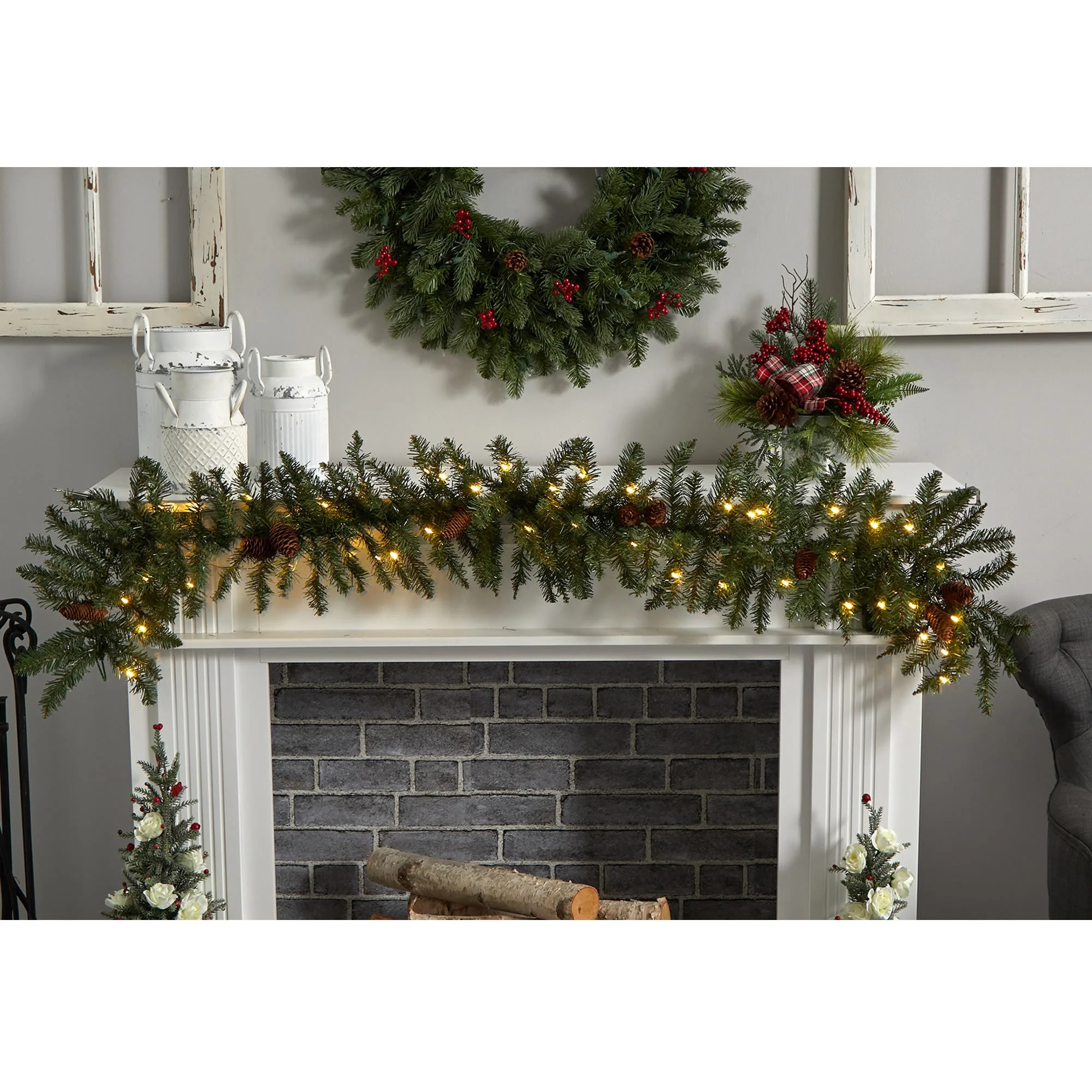 6' Mixed Alaskan Pines and Pinecones Artificial Christmas Garland 50 Warm White LED Lights - Image 2