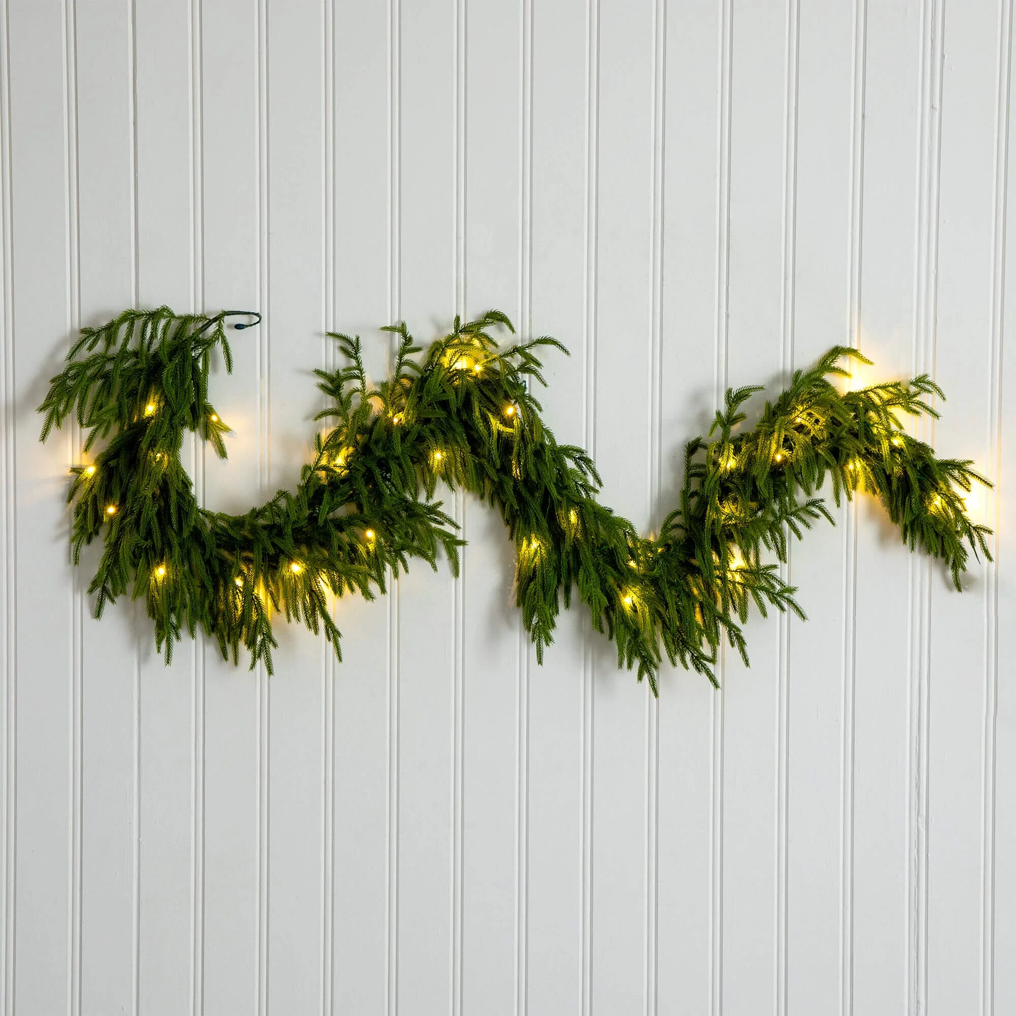 6' Pre-Lit Artificial Real touch Norfolk Island Pine Garland with 35 Warm White LED Lights and Natural Look