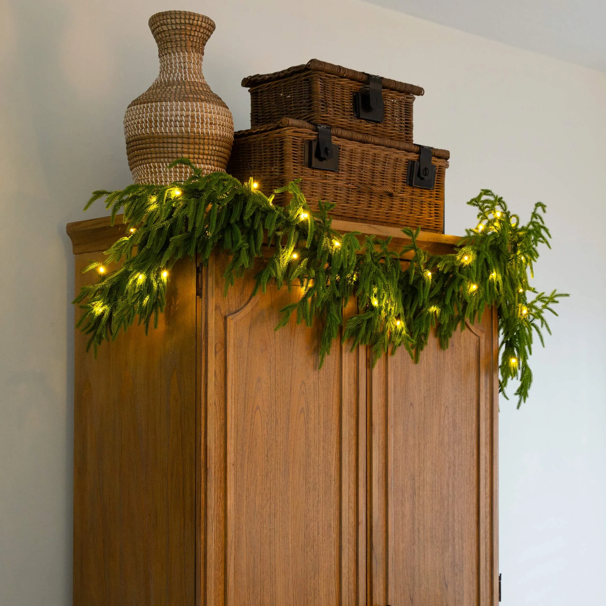 6' Pre-Lit Artificial Real touch Norfolk Island Pine Garland with 35 Warm White LED Lights and Natural Look - Image 3