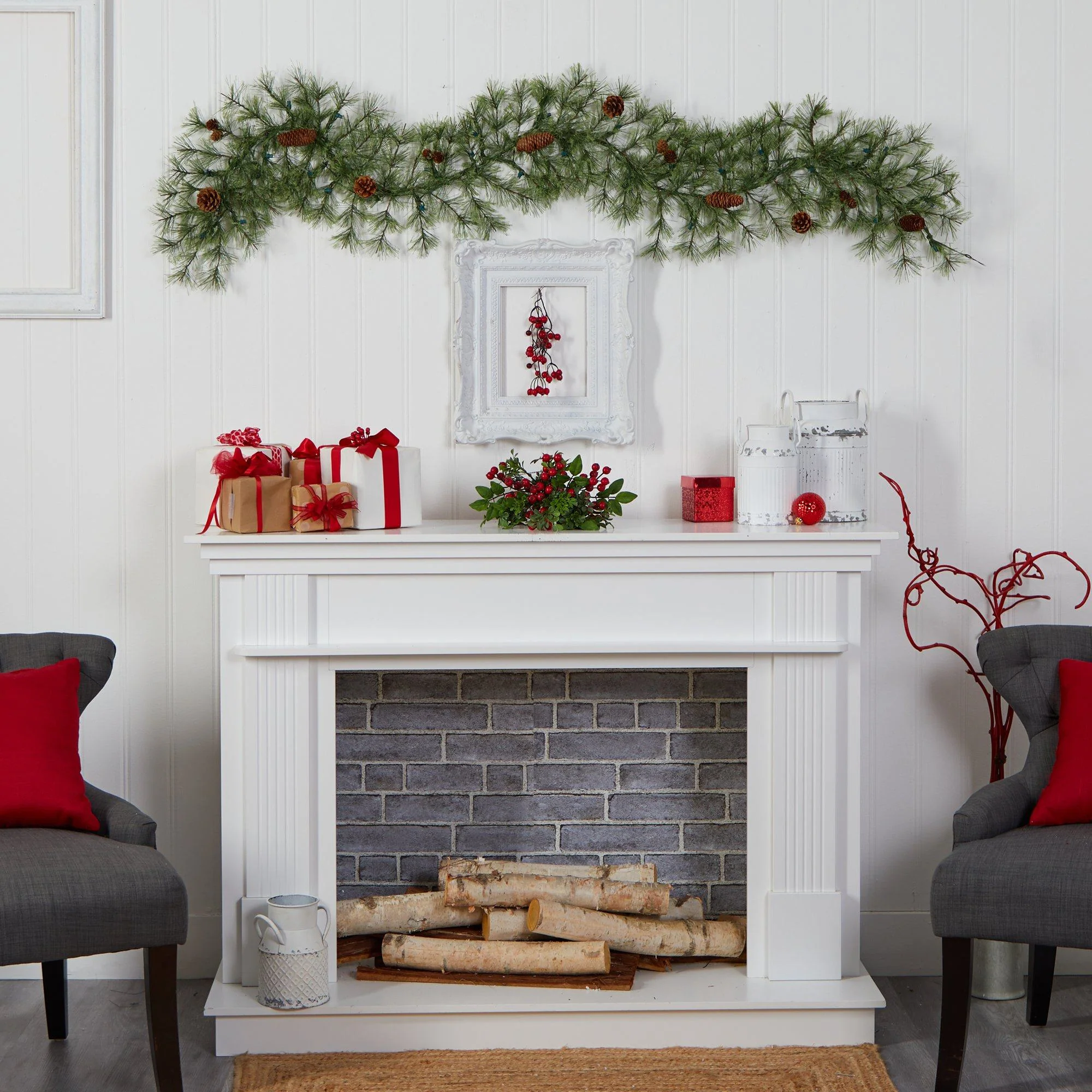 6' North Carolina Pine Artificial Christmas Garland with 30 Warm White LED Lights and Pinecones - Image 7