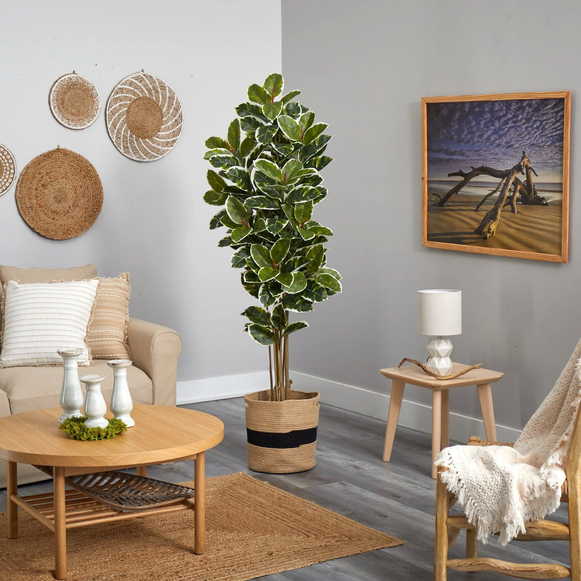 6’ Oak Artificial Tree in Handmade Natural Cotton Planter UV Resistant (Indoor/Outdoor) - Image 4