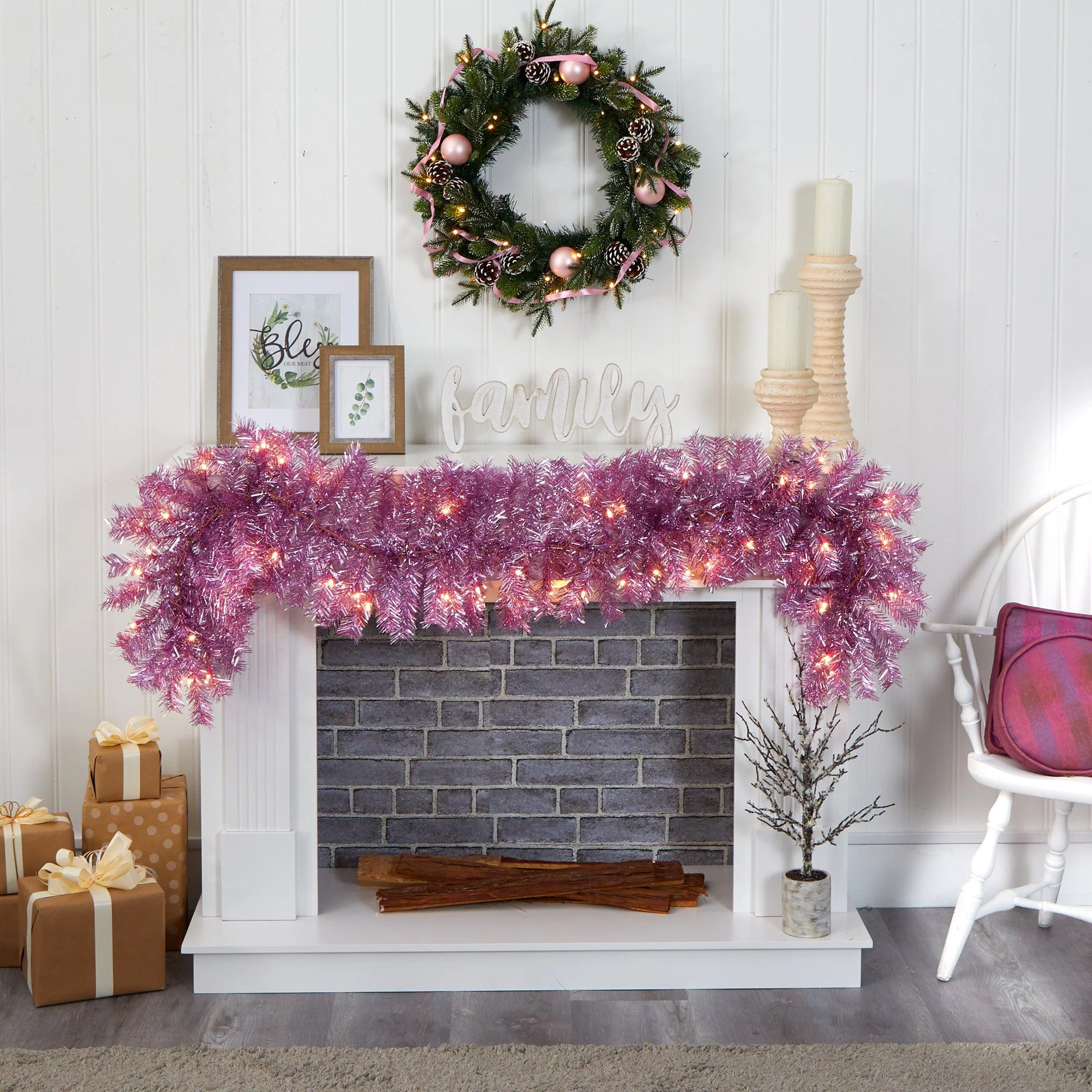 6' Pink Artificial Christmas Garland with 50 White Warm Lights - Image 5