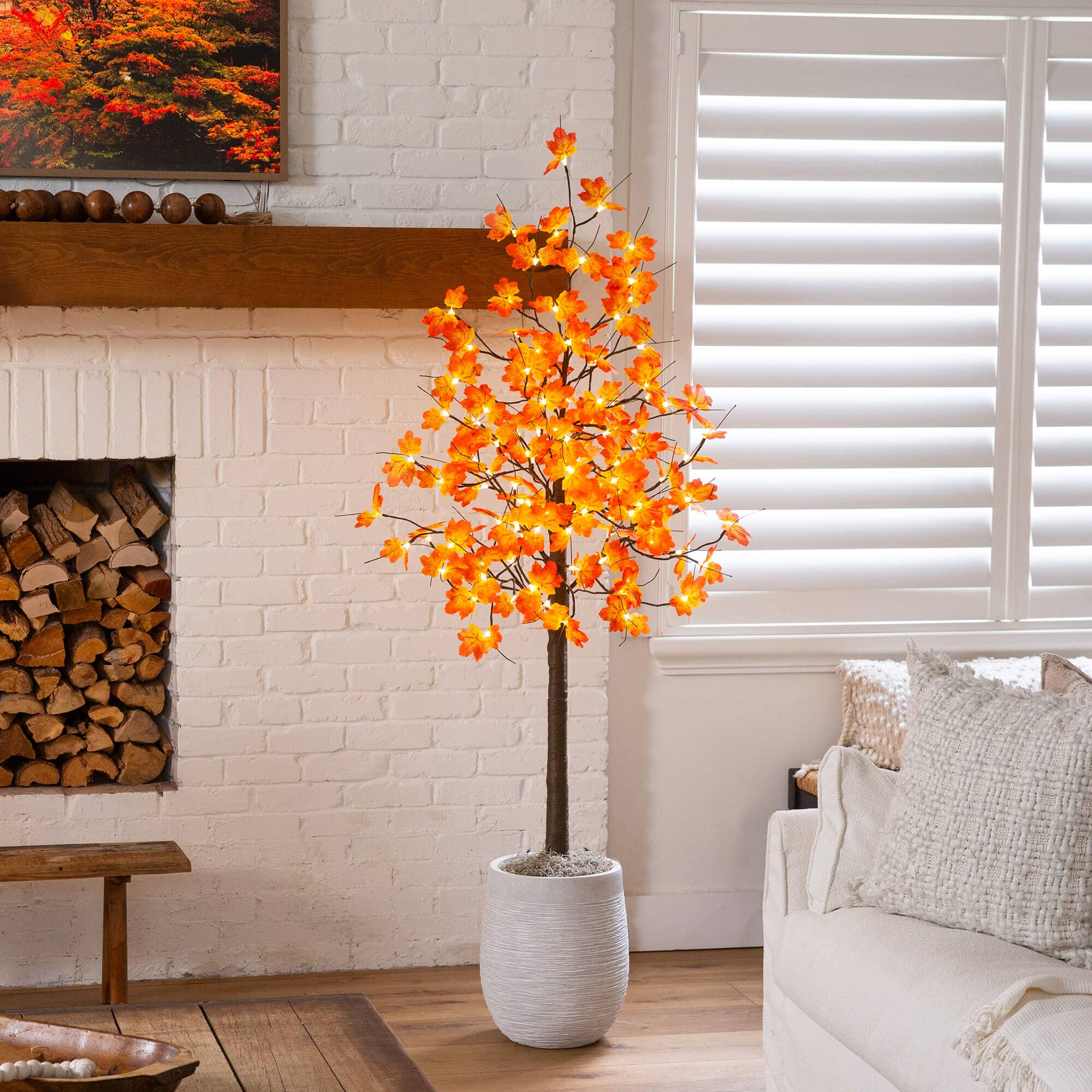 6' Pre-Lit Minimalist Autumn Maple Artificial Fall Tree with 120 Warm White LED Lights - Image 3