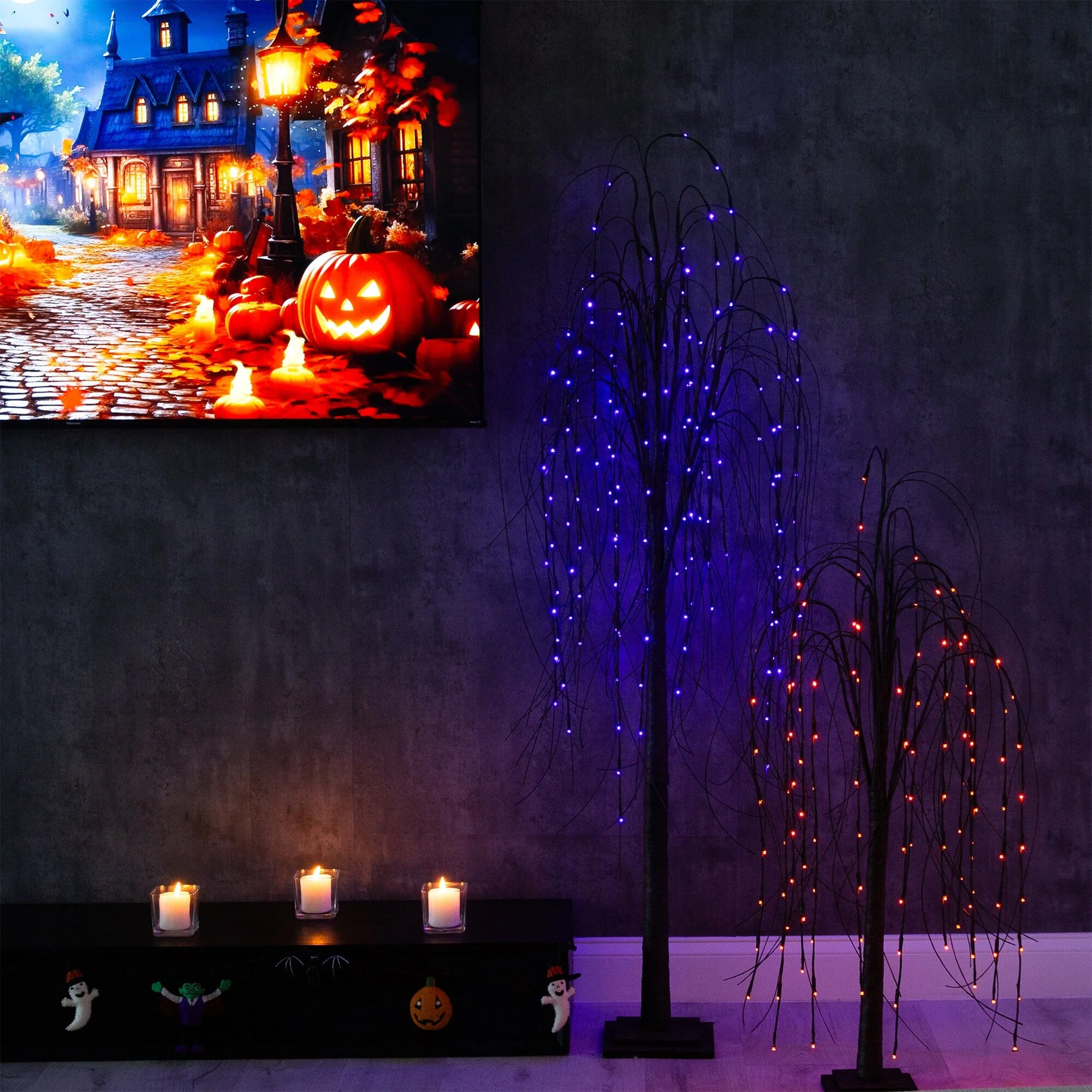 6’ Pre-Lit Halloween Black Willow Artificial Tree with 160 Orange & Purple LED Lights - Image 7
