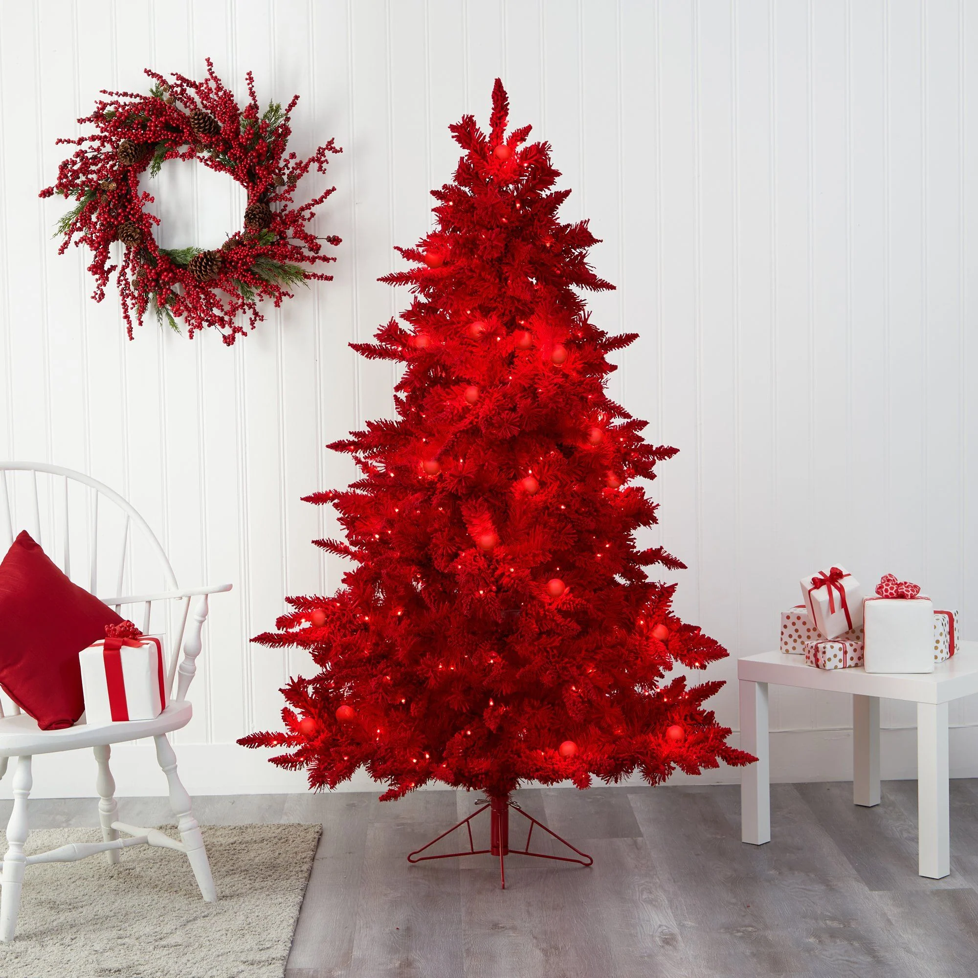 6' Red Flocked Fraser Fir Artificial Christmas Tree with 350 Red Lights, 33 Globe Bulbs and 748 Bendable Branches - Image 6