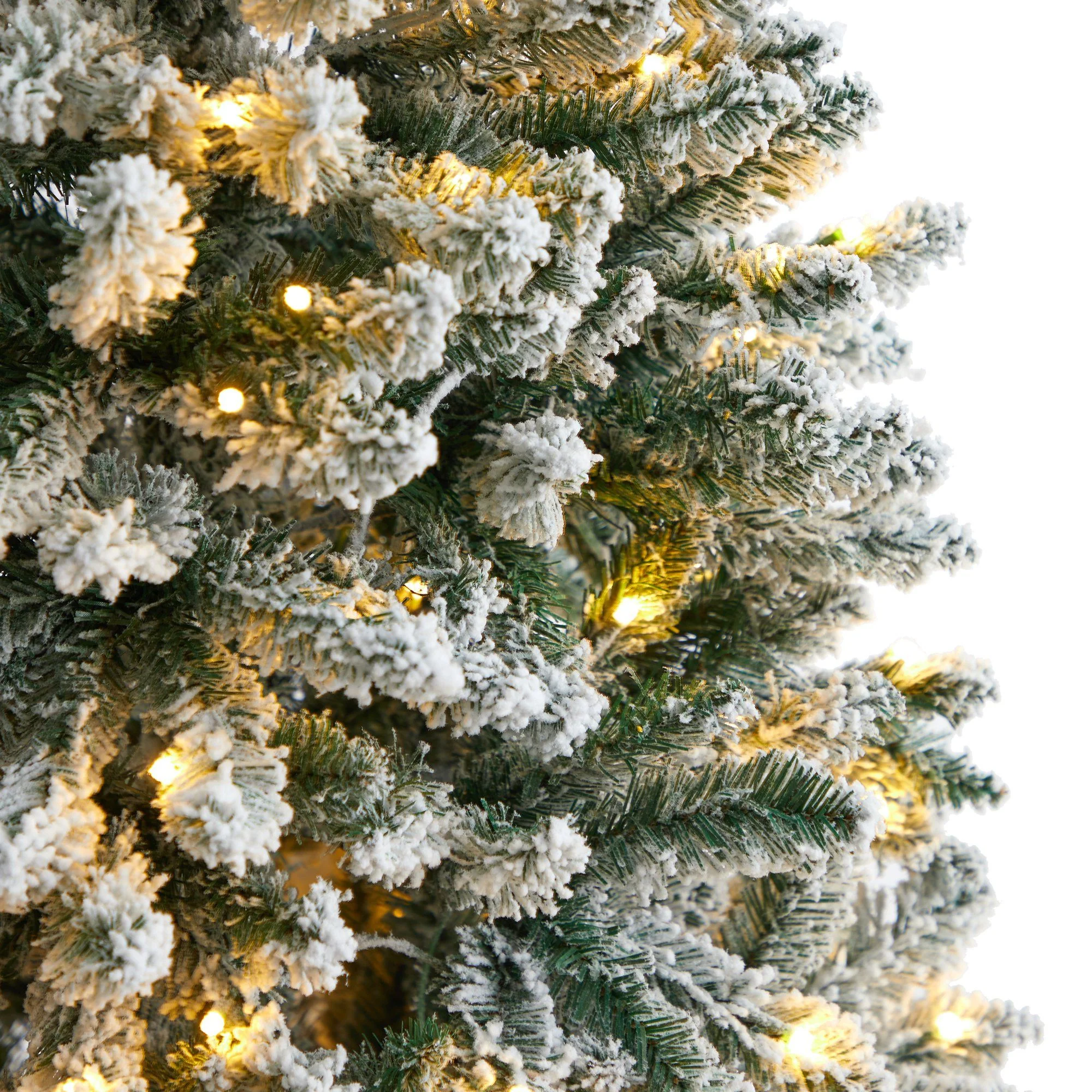6’ Slim Flocked Montreal Fir Artificial Christmas Tree with 250 White LED Lights and 743 Branches - Image 4