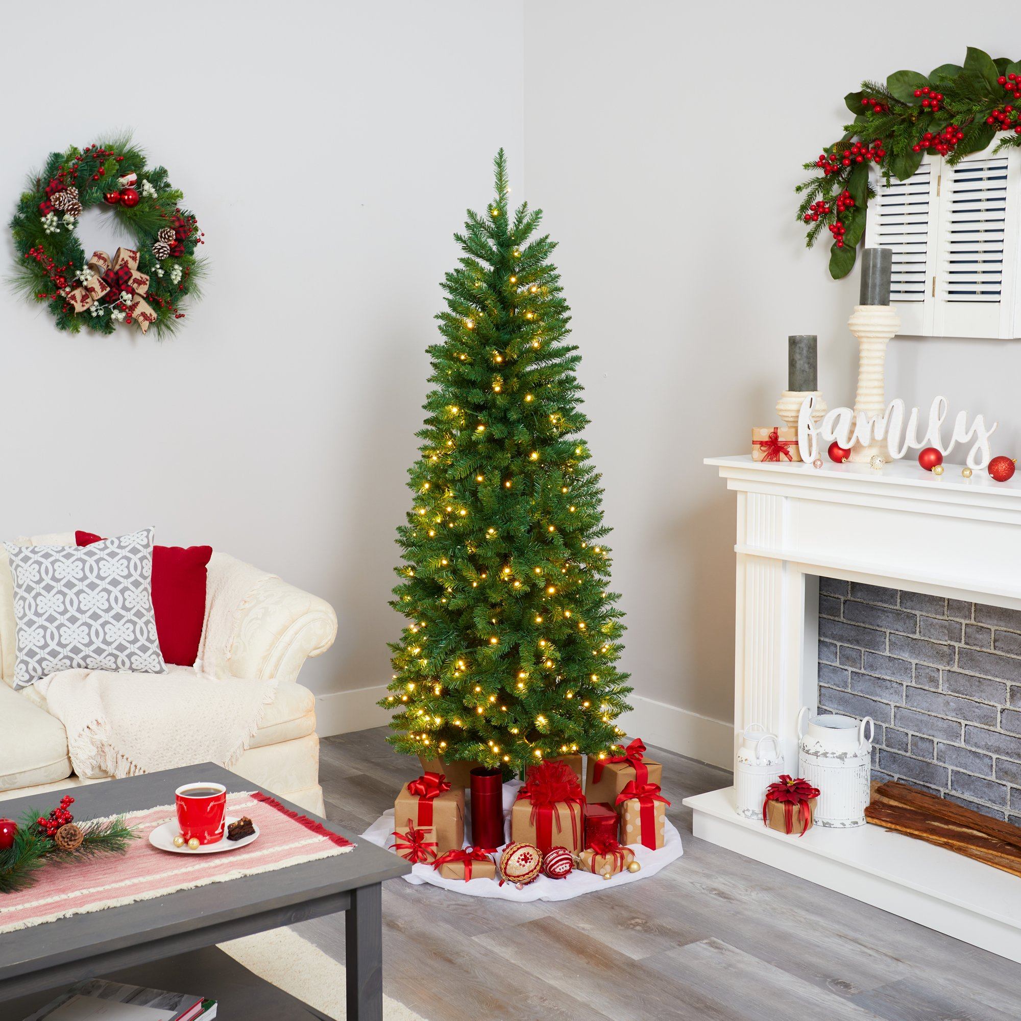 6’ Slim Green Mountain Pine Artificial Christmas Tree with 250 Clear LED Lights - Image 6
