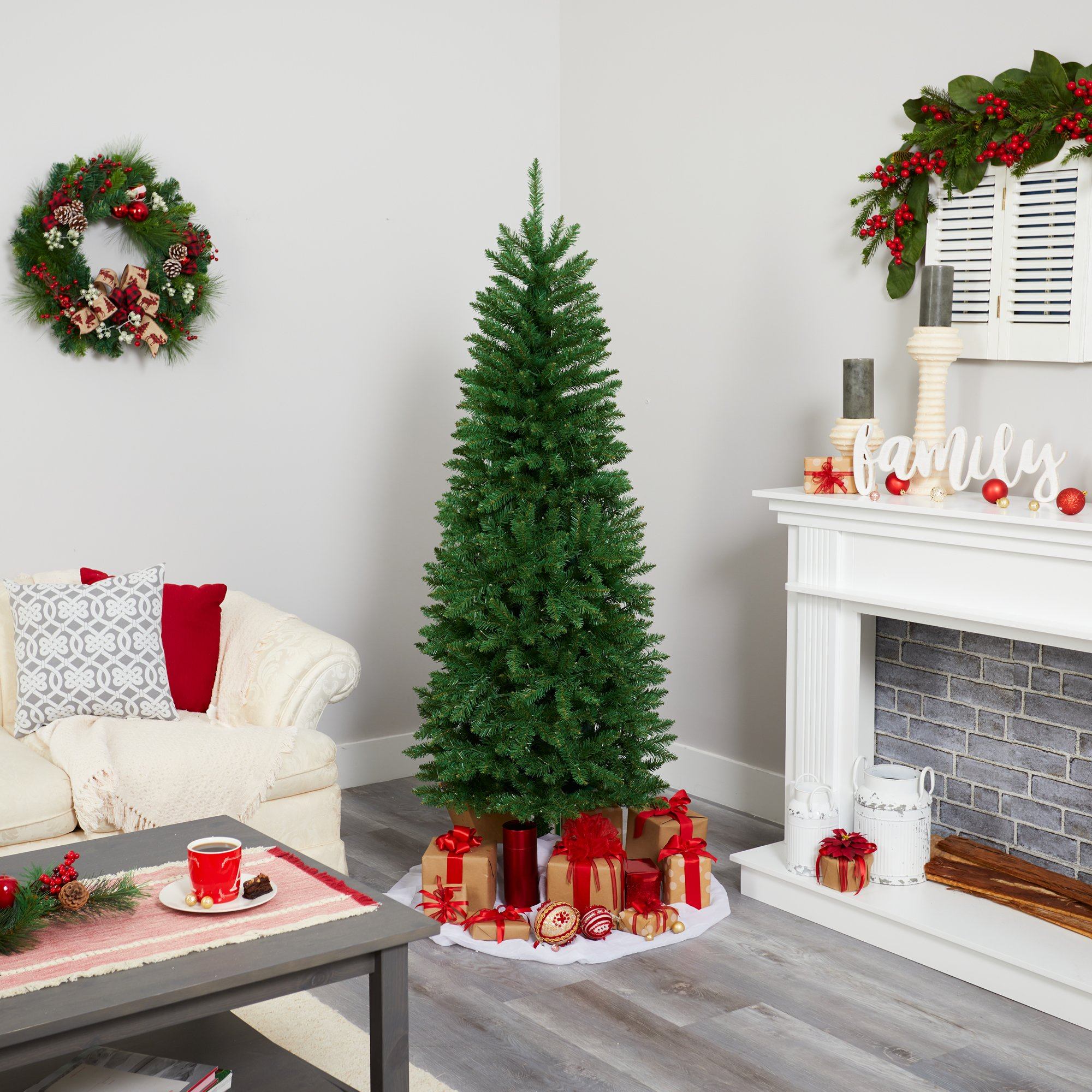 6’ Slim Green Mountain Pine Artificial Christmas Tree with 250 Clear LED Lights - Image 7