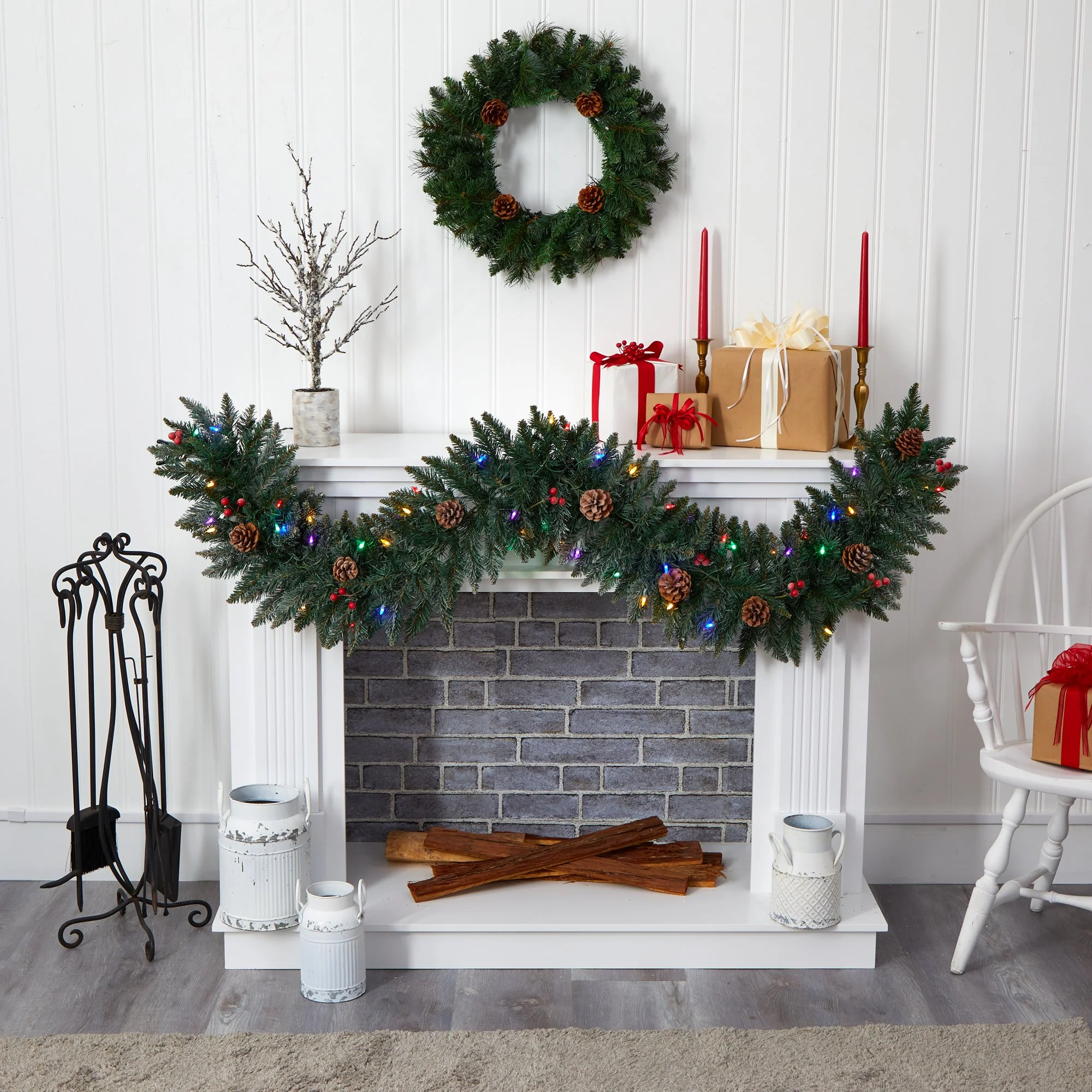 6' Snow Dusted Artificial Christmas Garland with 50 Multicolored LED Lights, Berries and Pinecones - Image 4