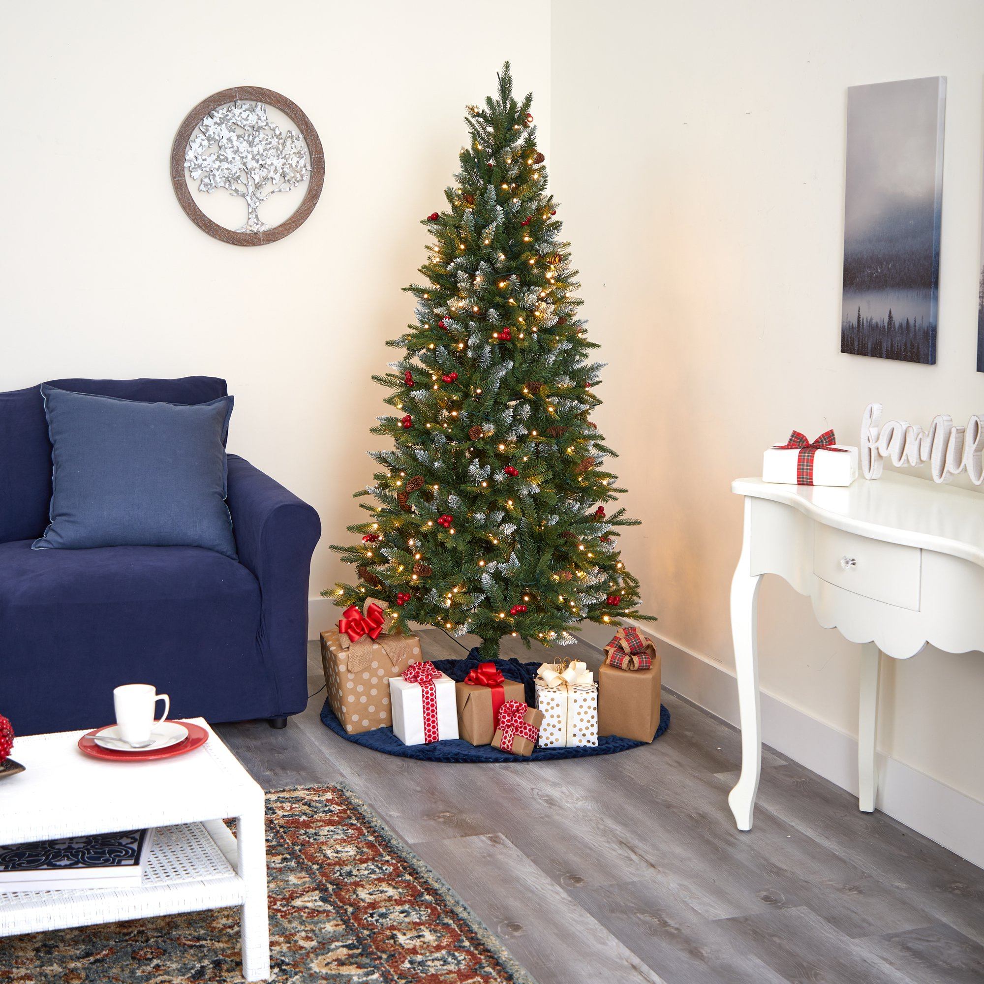 6' Snow Tipped Portland Spruce Artificial Christmas Tree with Frosted Berries and Pinecones with 300 Clear LED Lights - Image 8