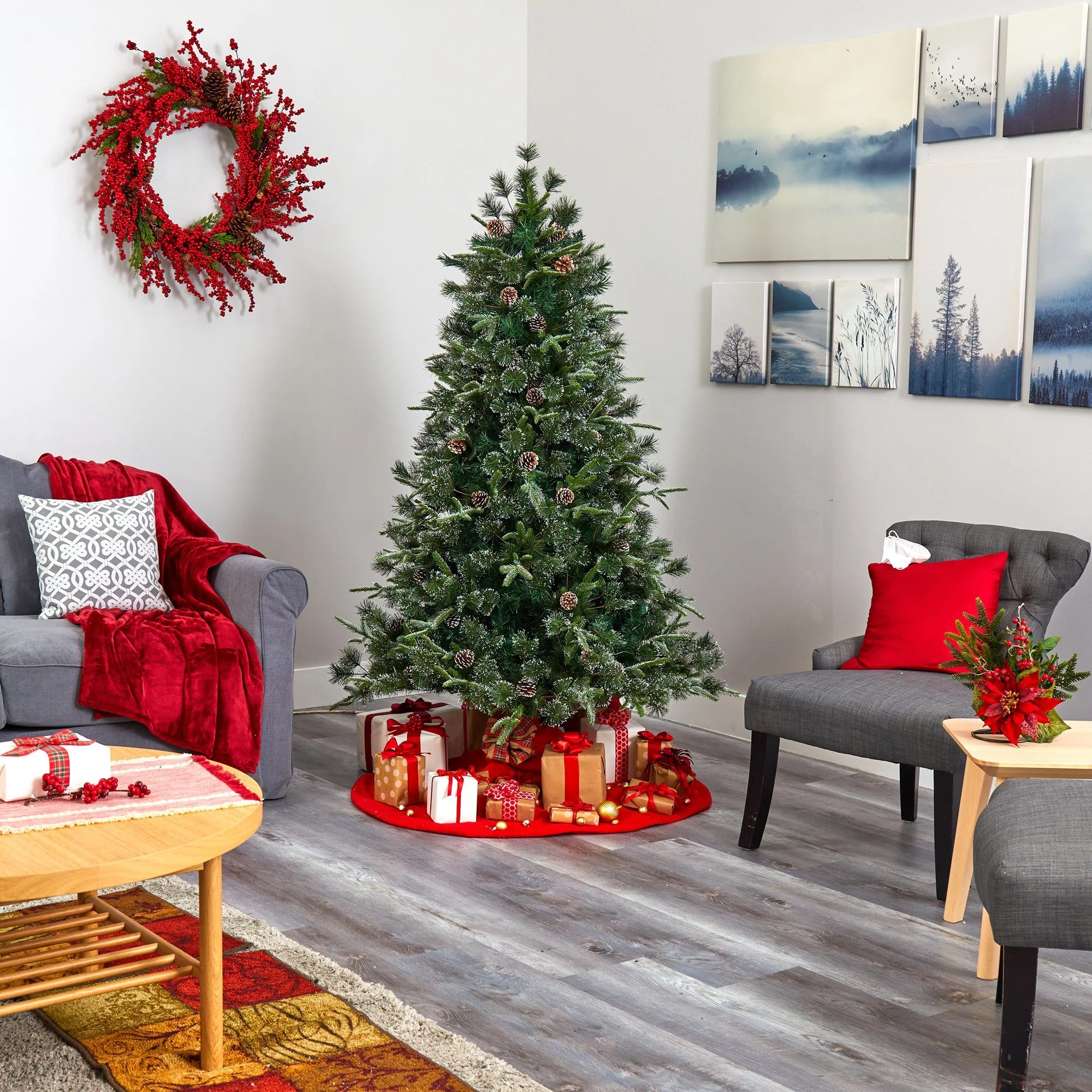 6’ Snowed Tipped Clermont Mixed Pine Artificial Christmas Tree with 250 Clear LED Lights, Pine Cones and 1242 Bendable Branches - Image 7