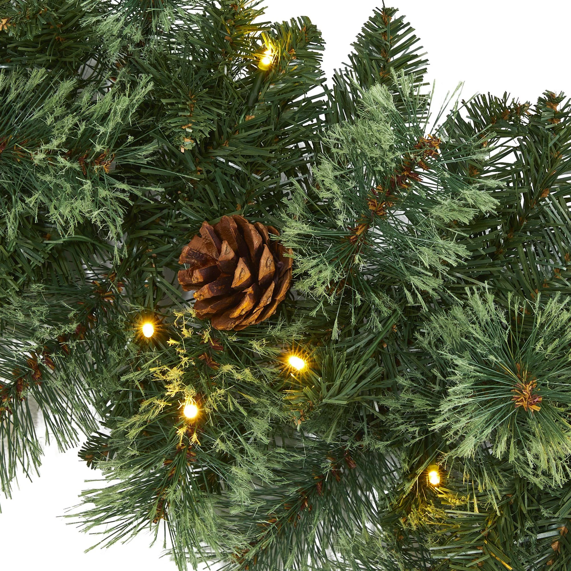 6’ White Mountain Pine Artificial Garland with 35 White Warm LED Lights and  Pinecones - Image 3