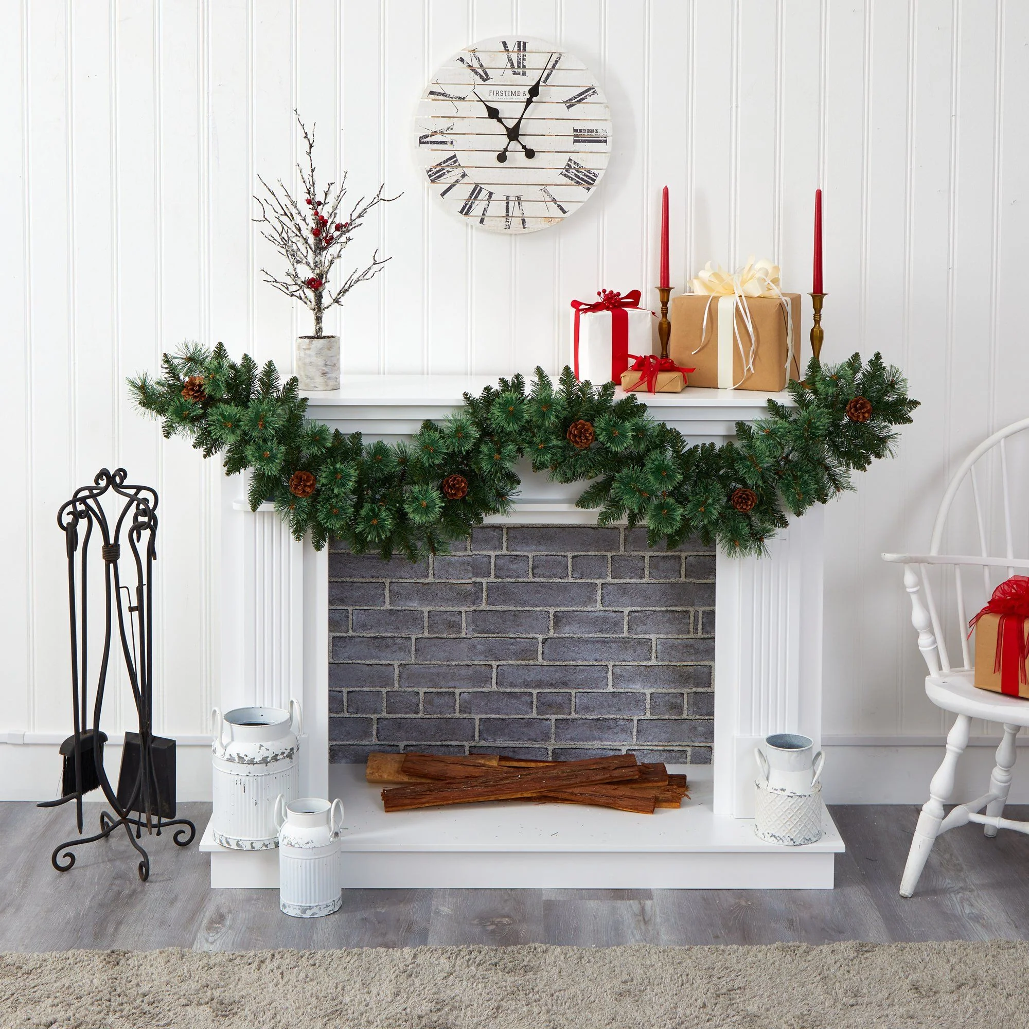 6’ White Mountain Pine Artificial Garland with 35 White Warm LED Lights and  Pinecones - Image 4