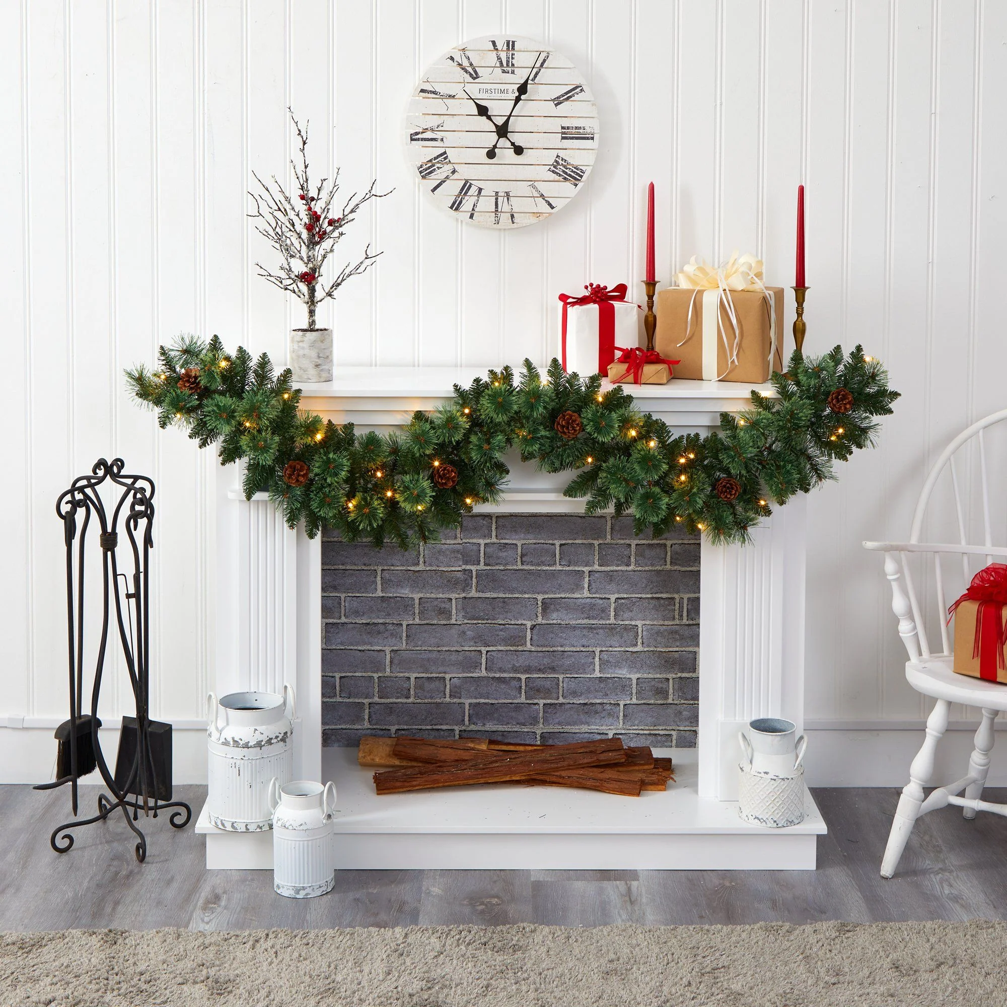 6’ White Mountain Pine Artificial Garland with 35 White Warm LED Lights and  Pinecones - Image 5