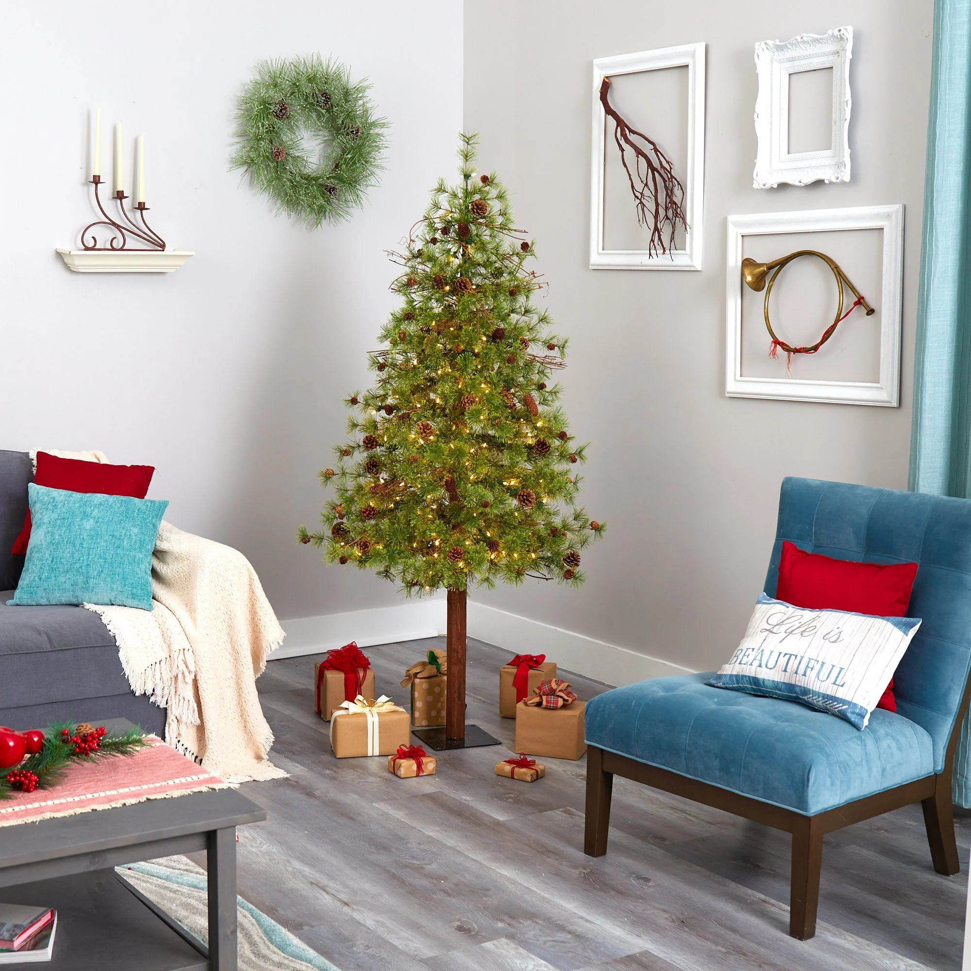 6' Wyoming Alpine Artificial Christmas Tree with 150 Clear (multifunction) LED Lights and Pine Cones on Natural Trunk - Image 8