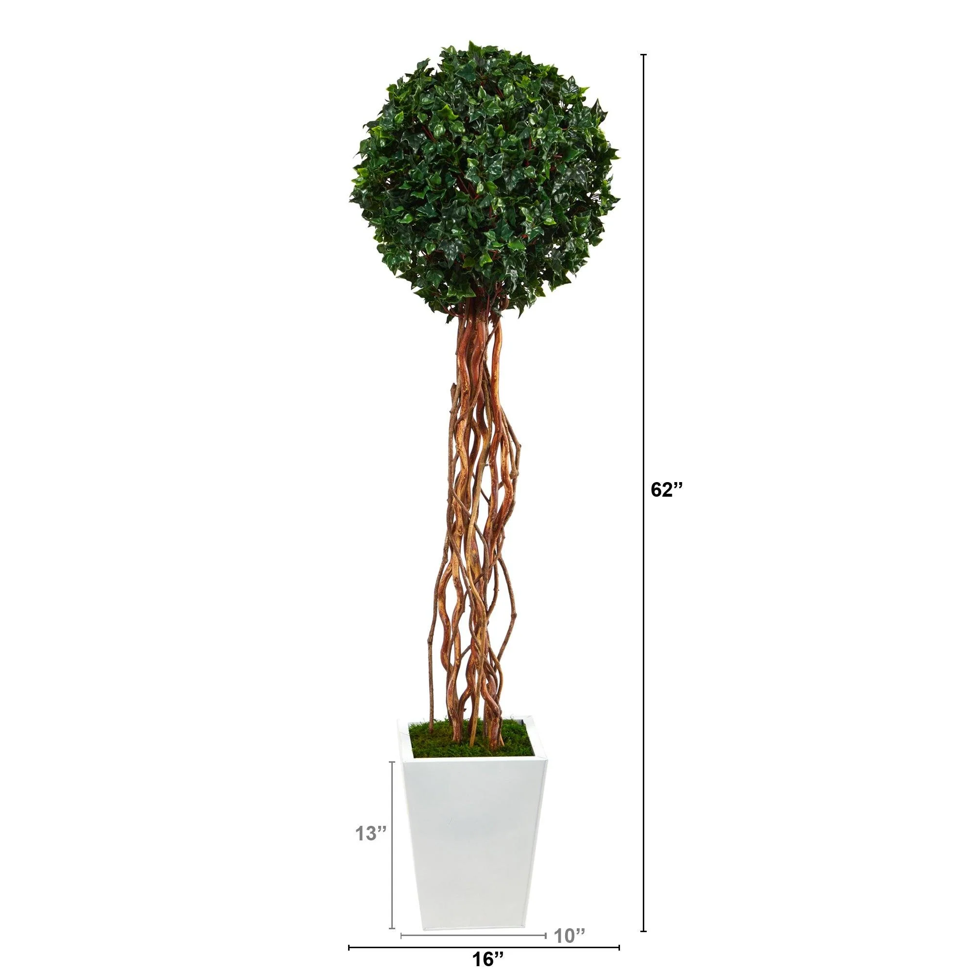62” English Ivy Single Ball Artificial Topiary Tree in White Metal Planter (Indoor/Outdoor) - Image 2